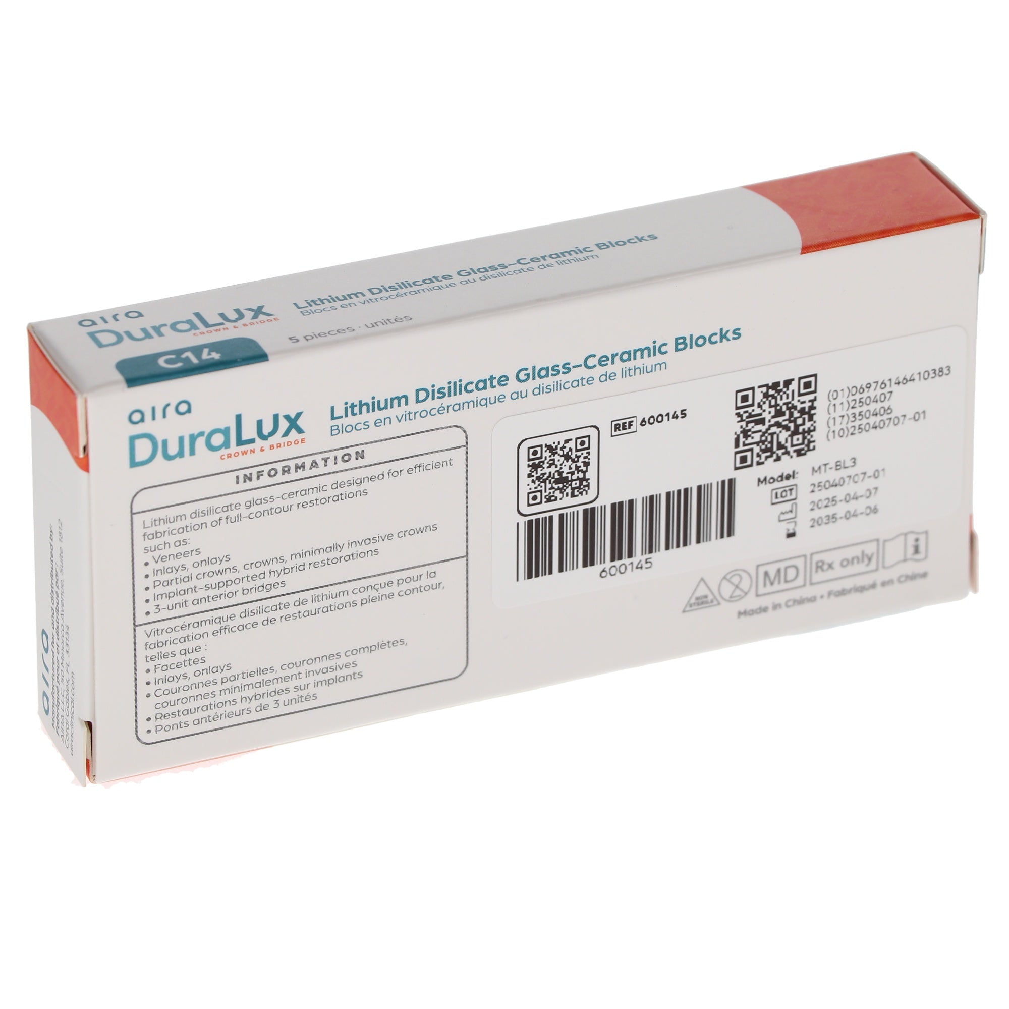 Aira 600145 DuraLux IPS e.max Type Blocks CAD inLab MT BL3 C14 5/Pk