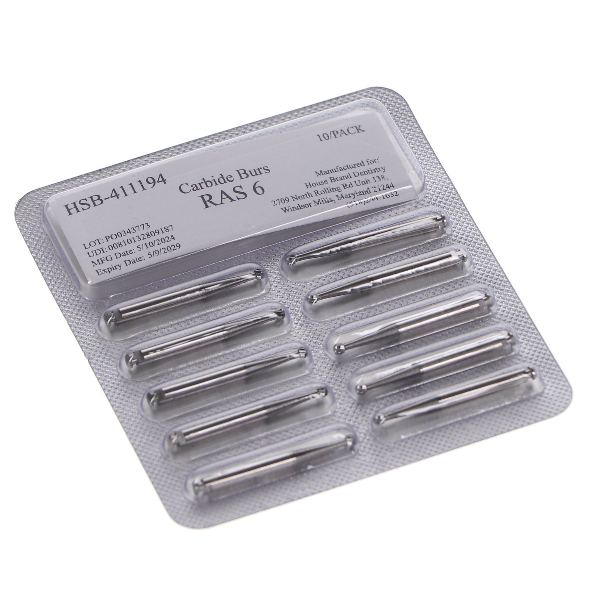 House Brand Dentistry 411194 HSB RA #6 Surgical Length Round Carbide Burs 10/Pk