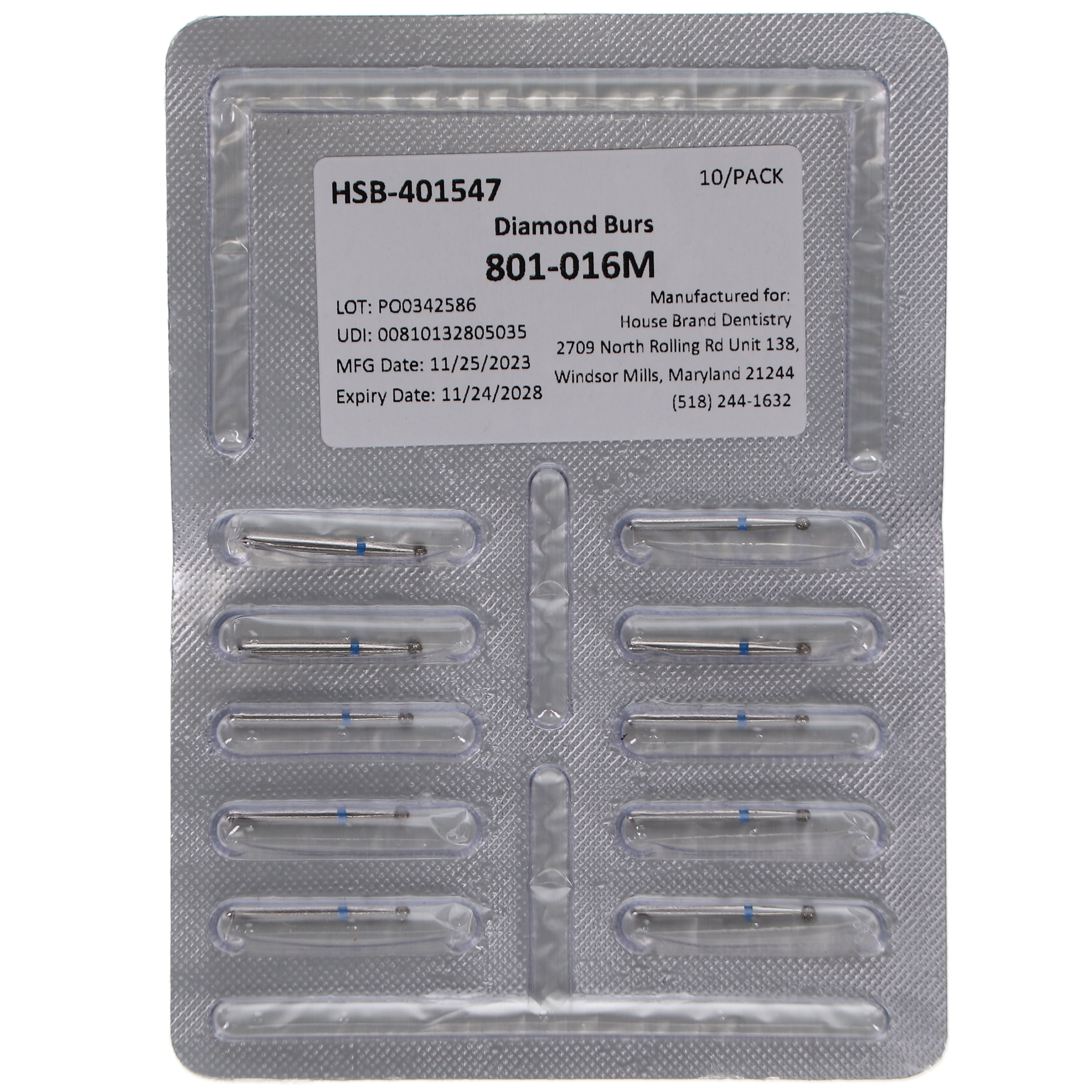 House Brand Dentistry 401547 FG HSB 801-016M Round Medium Grit Diamond Burs 10/Pk