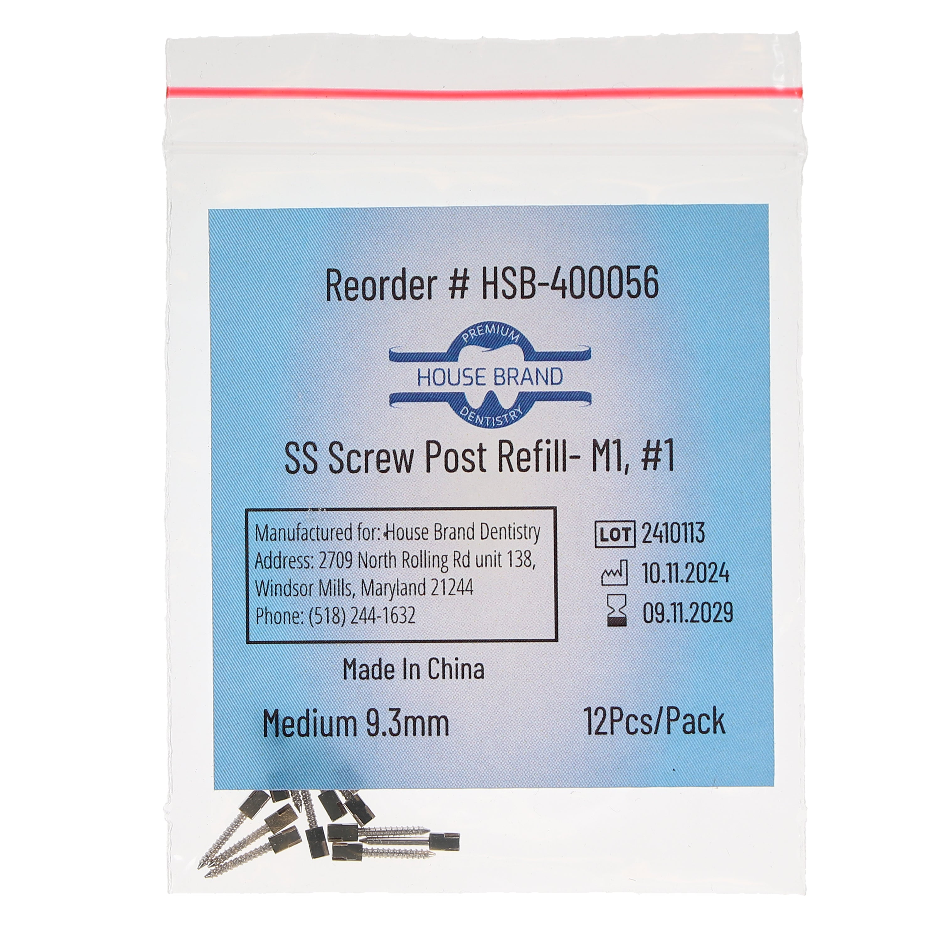 House Brand Dentistry 400056 HSB Screw Posts M1 #1 Medium 9.3mm Stainless Steel 12/Pk