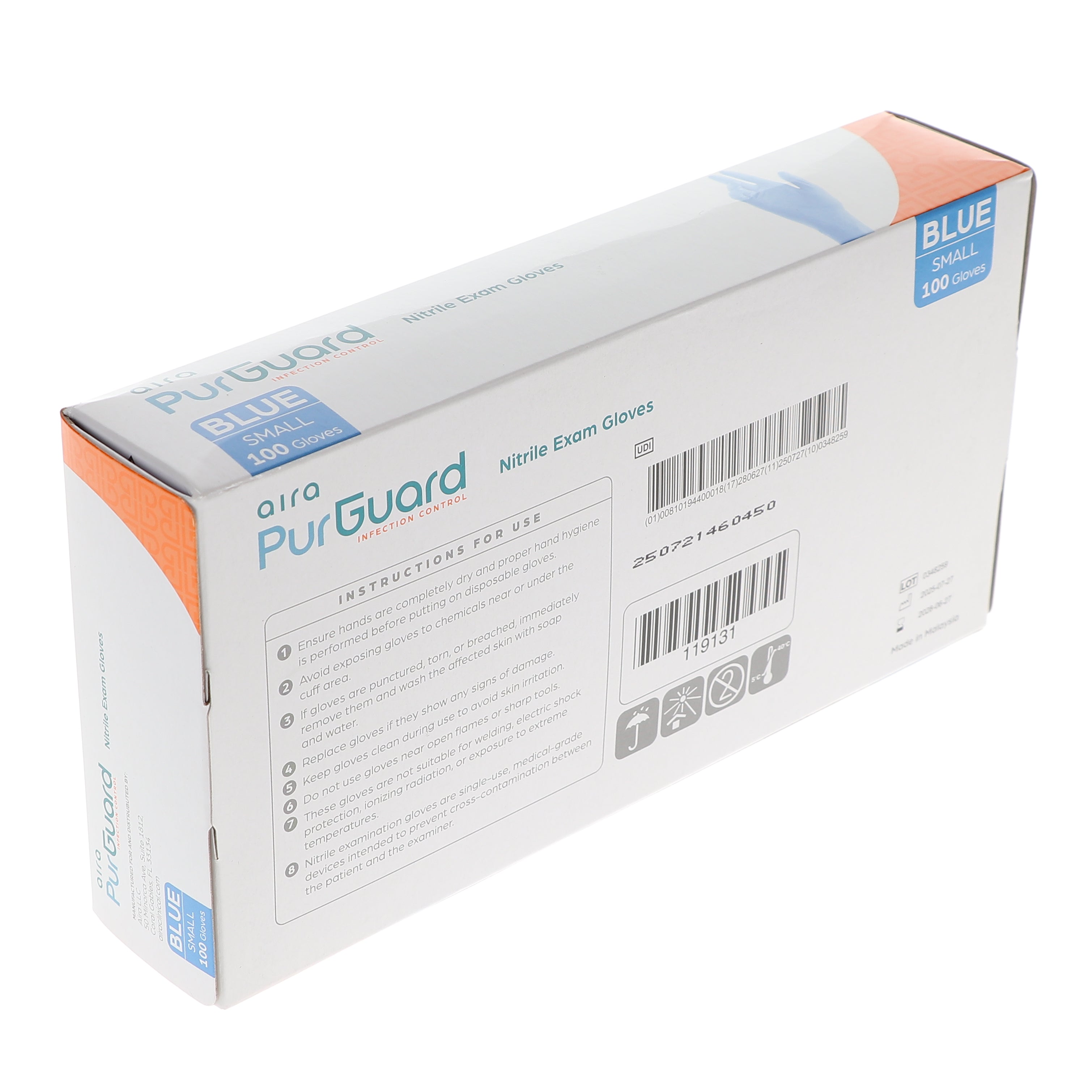 AIRA 119131 PurGuard Nitrile Exam Gloves Latex Free Powder Free Blue Small 100/Bx