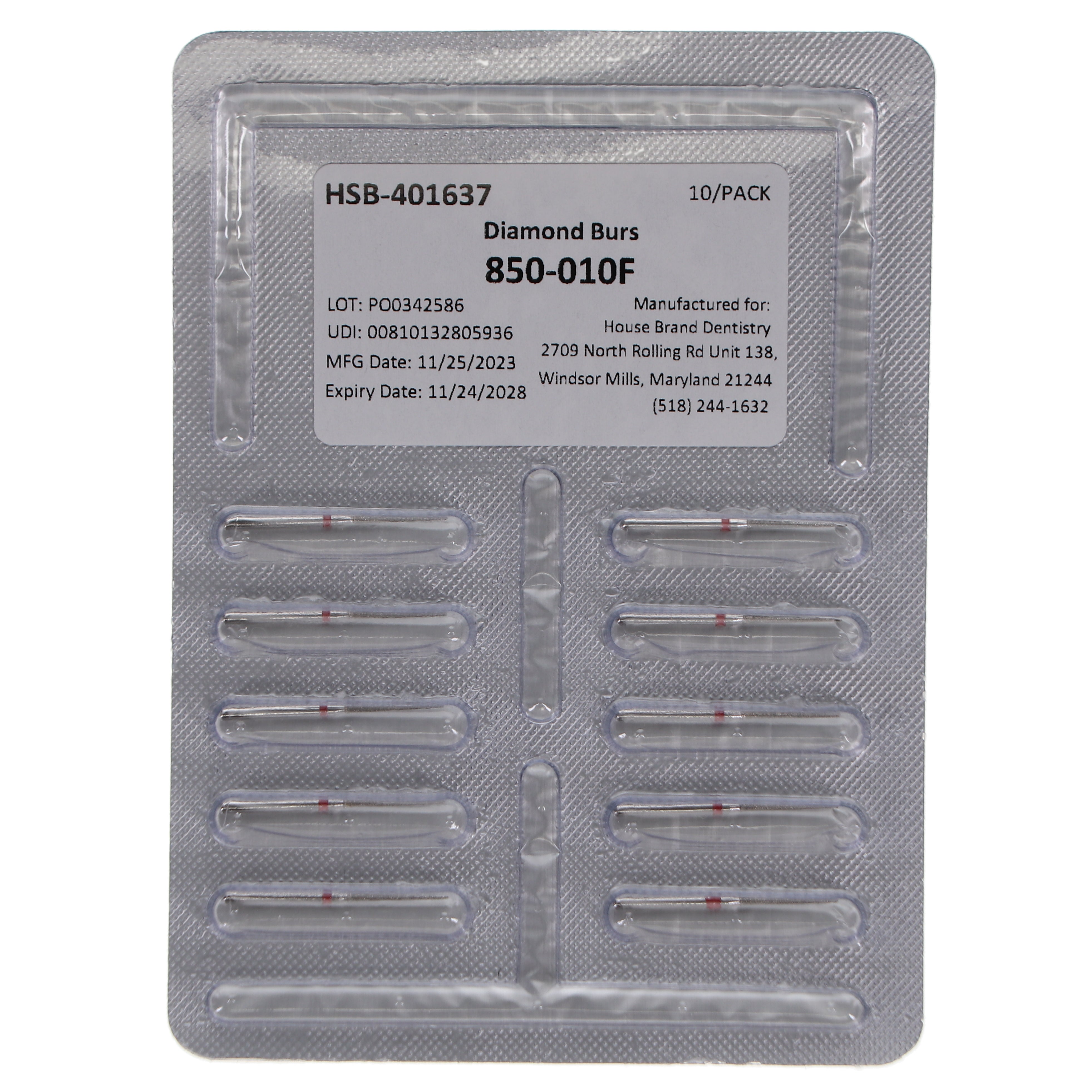 House Brand Dentistry 401637 HSB FG 850-010F Round End Taper Fine Grit Diamond Burs 10/Pk