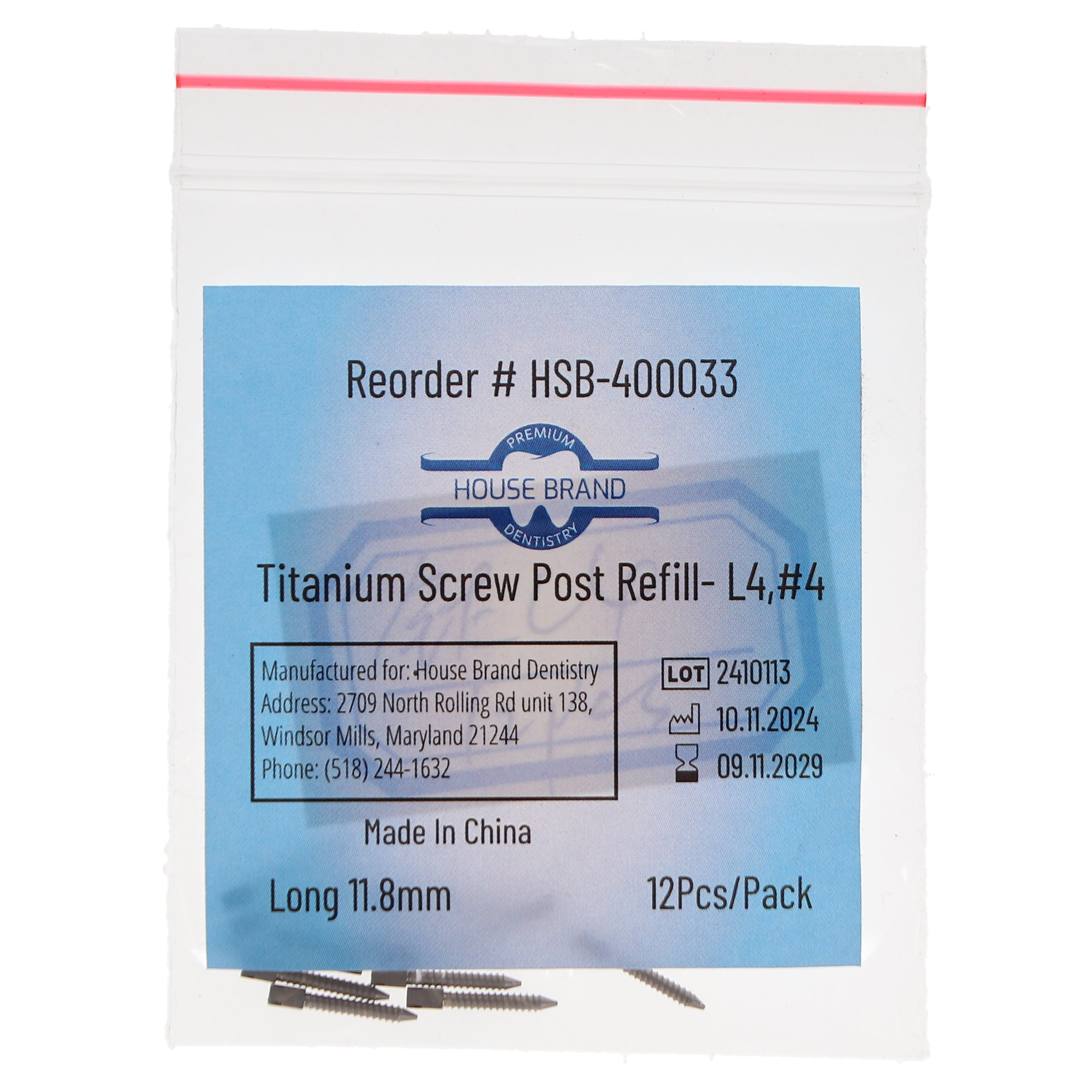 House Brand Dentistry 400033 HSB Titanium Screw Posts L4 #4 Long 11.8mm 12/Pk