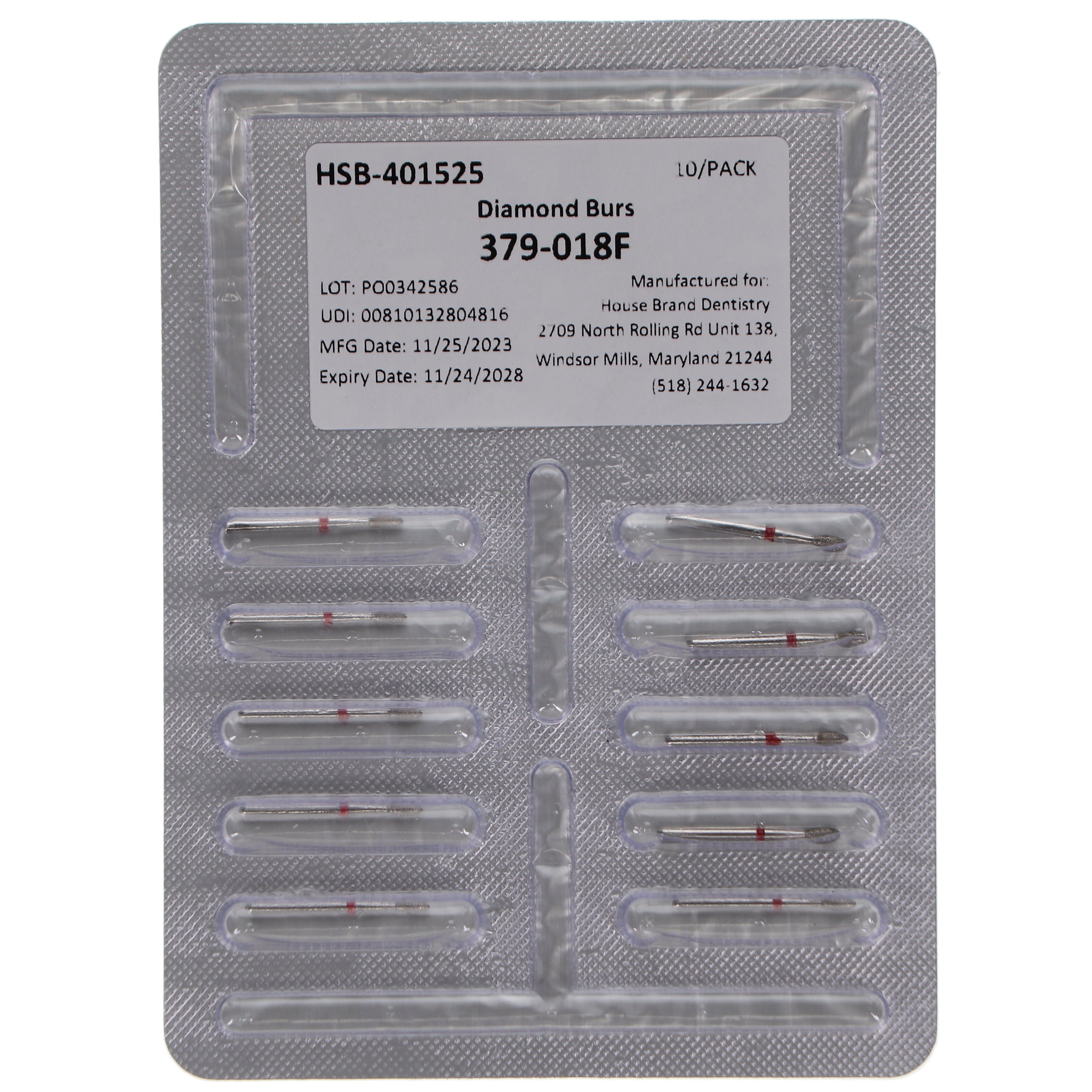 House Brand Dentistry 401525 HSB 379-018F Football Fine Grit Diamond Burs 10/Pk