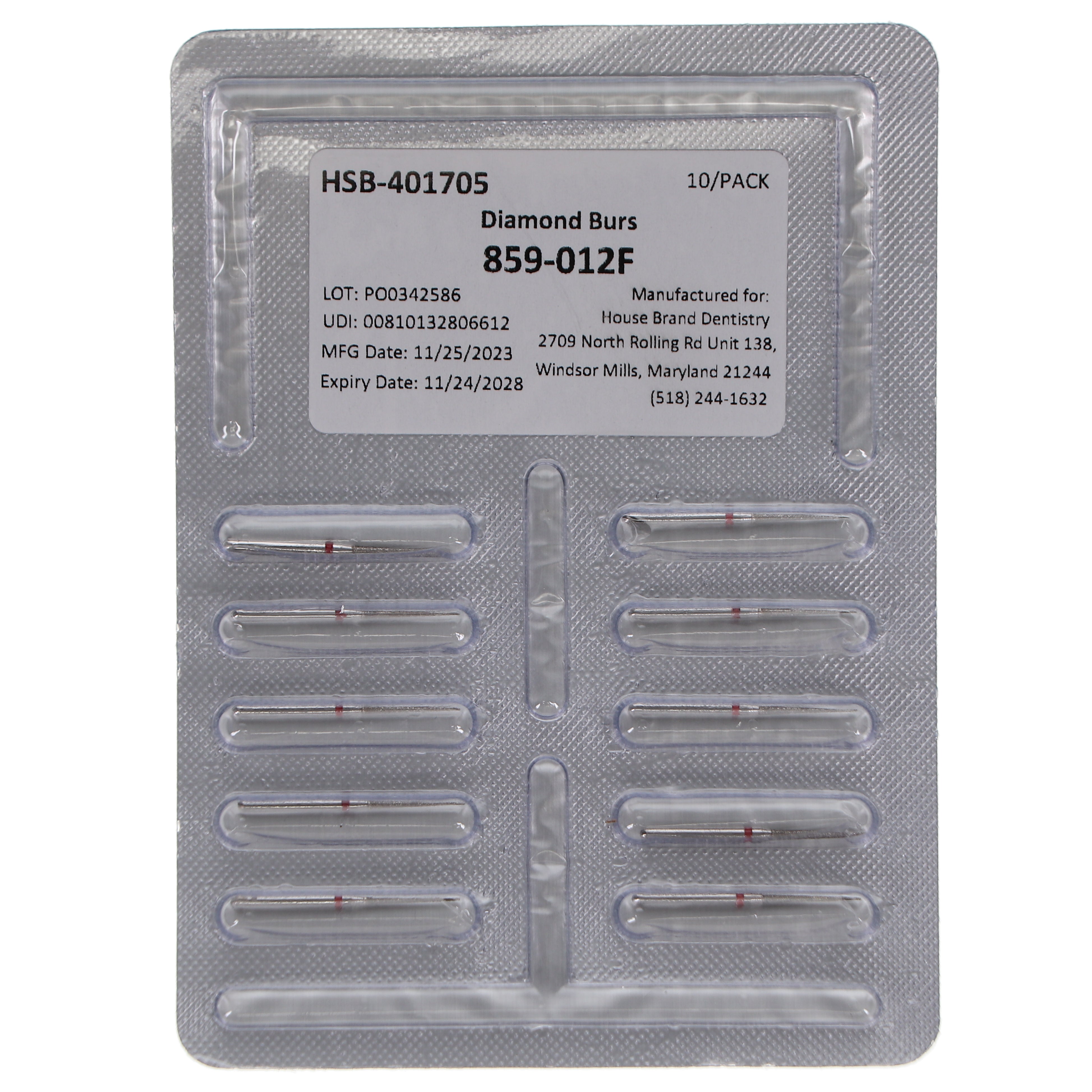 House Brand Dentistry 401705 HSB FG 859-012F Needle Fine Grit Diamond Burs 10/Pk