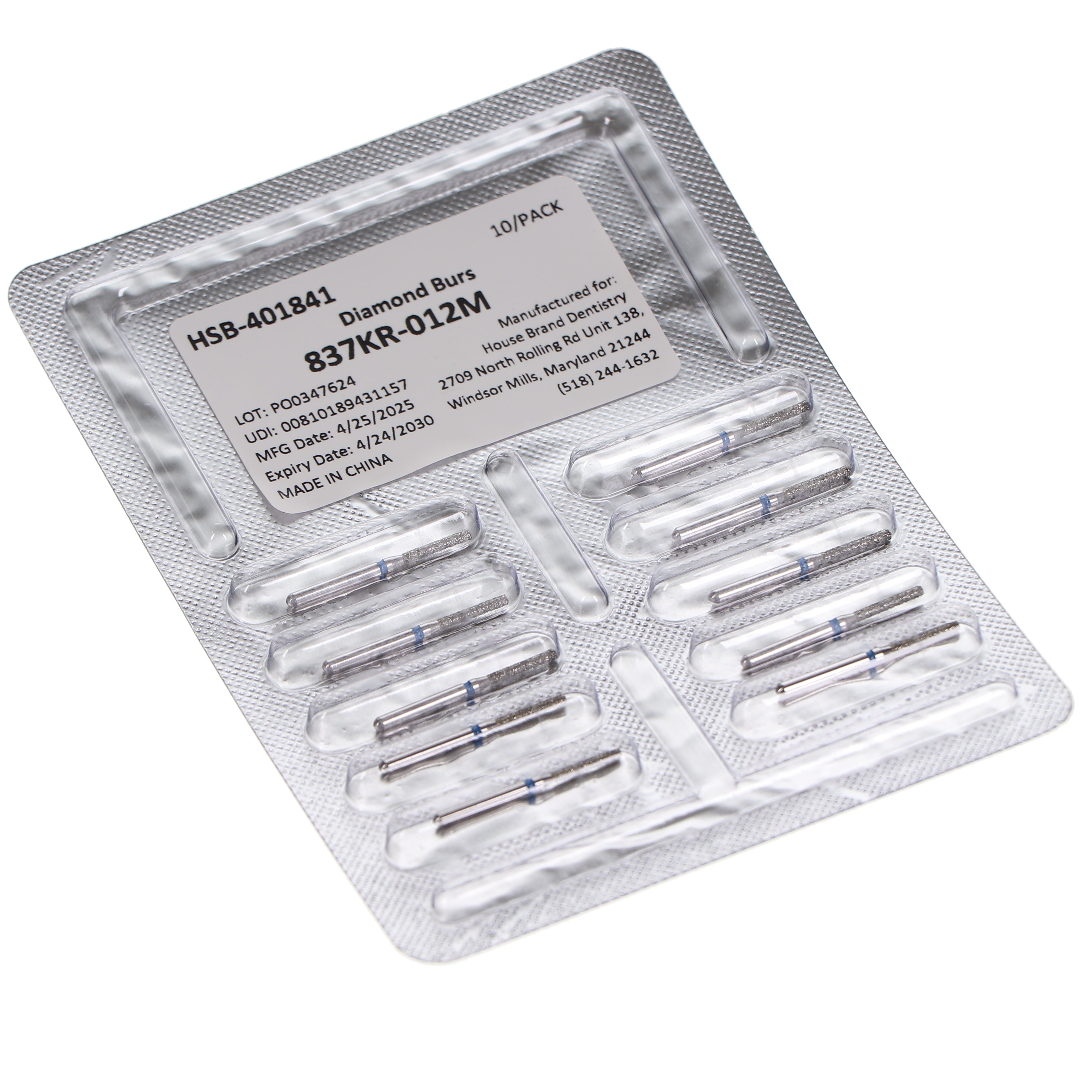 House Brand Dentistry 401841 HSB FG 837KR-012M Modified Cylinder Medium Grit Diamond Burs 10/Pk