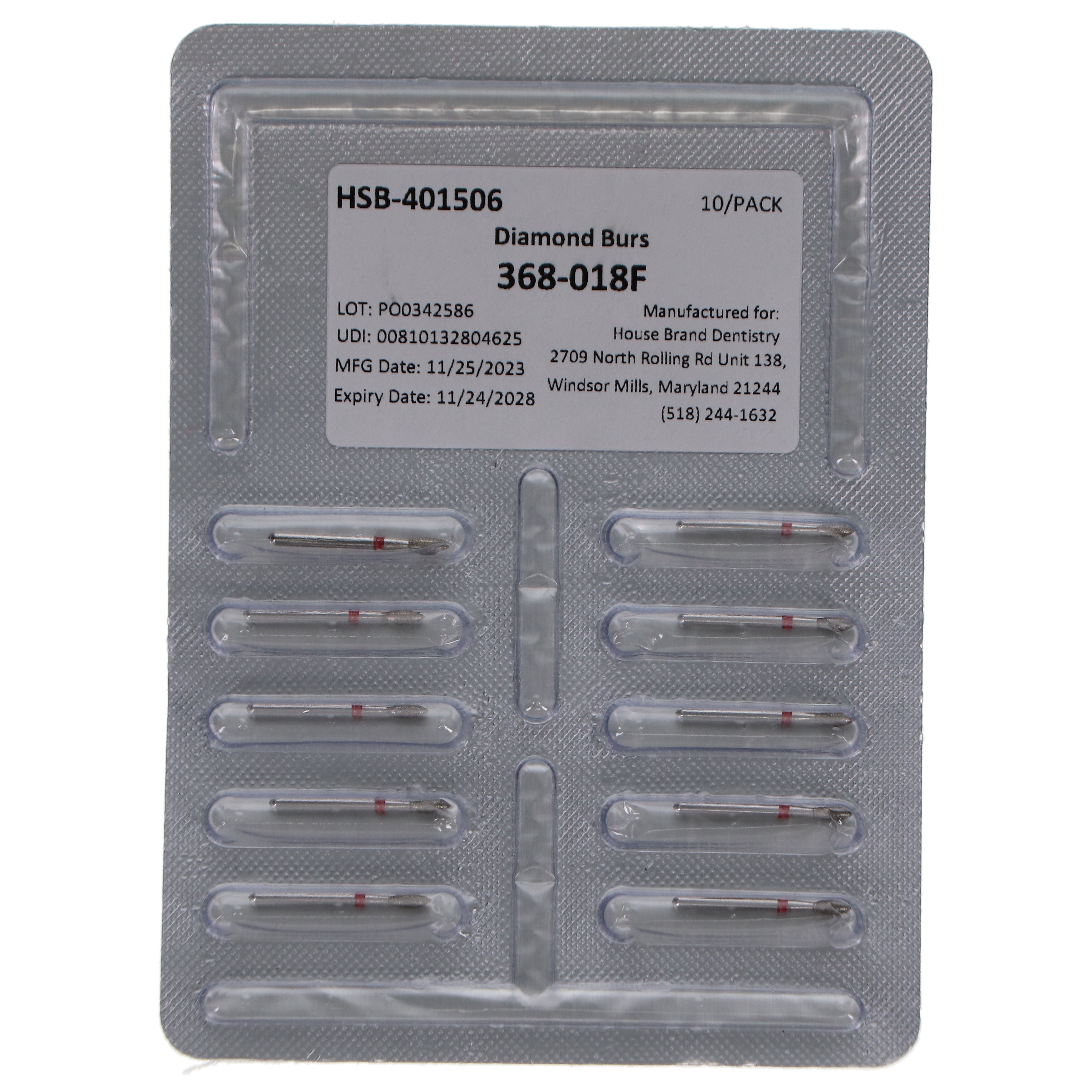 House Brand Dentistry 401506 HSB 368-018F Football Fine Grit Diamond Burs 10/Pk