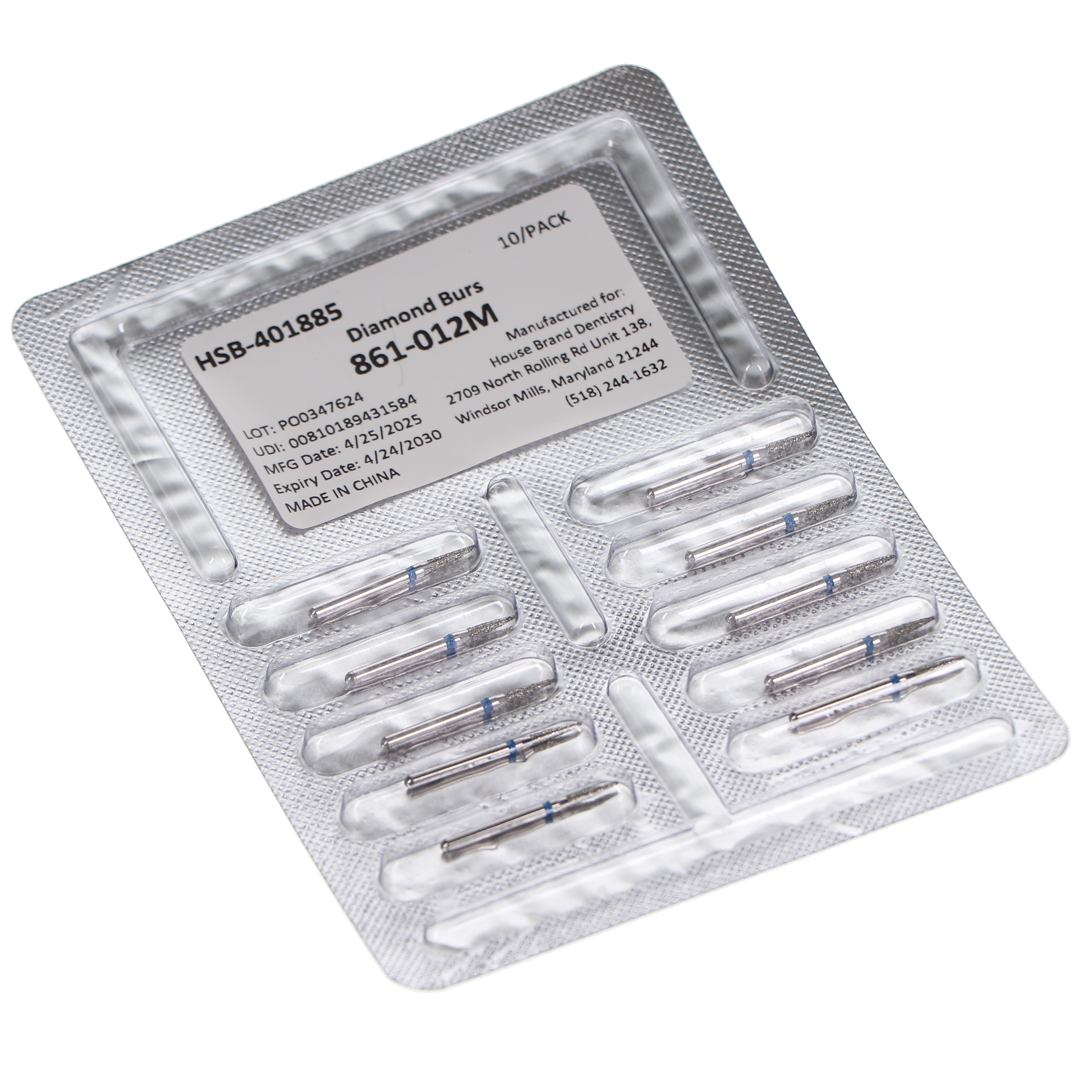 House Brand Dentistry 401885 HSB FG 861-012M Flame Medium Grit Diamond Burs 10/Pk