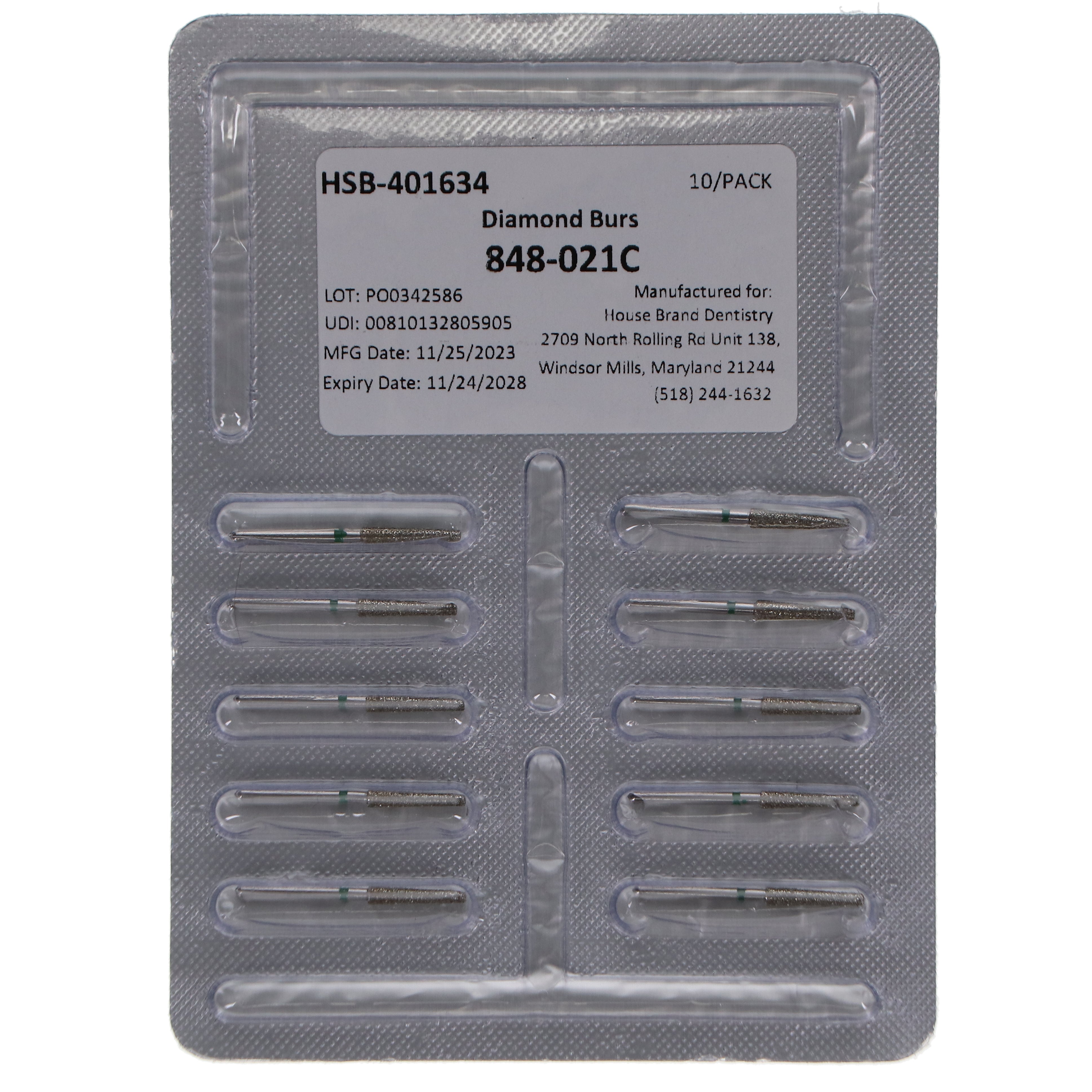 House Brand Dentistry 401634 FG 848-021C Flat End Taper Coarse Grit Diamond Burs 10/Pk