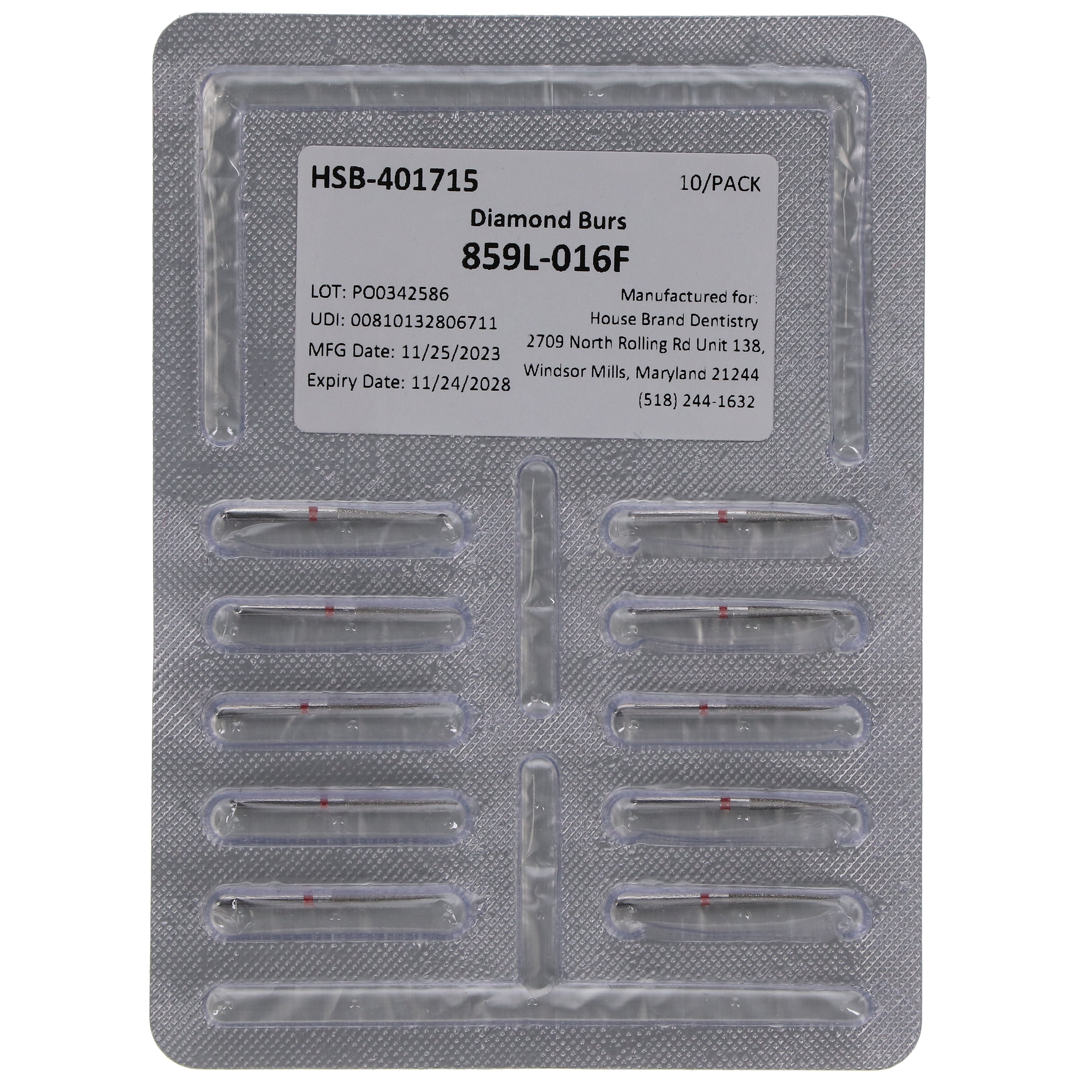 House Brand Dentistry 401715 FG 859L-016F Long Needle Fine Grit Diamond Burs 10/Pk