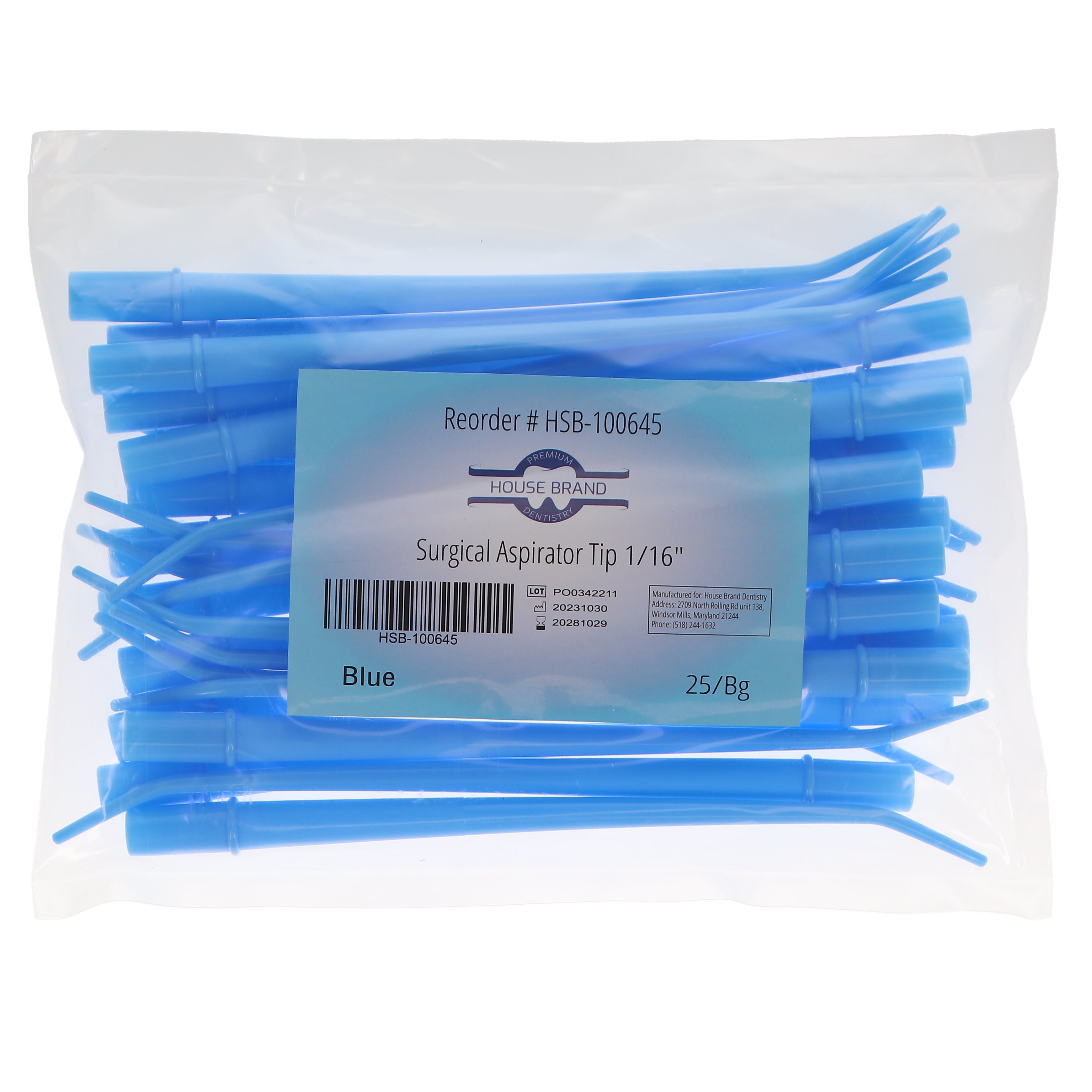 House Brand Dentistry 100645 HSB Surgical Aspirator Tips Blue 1/16