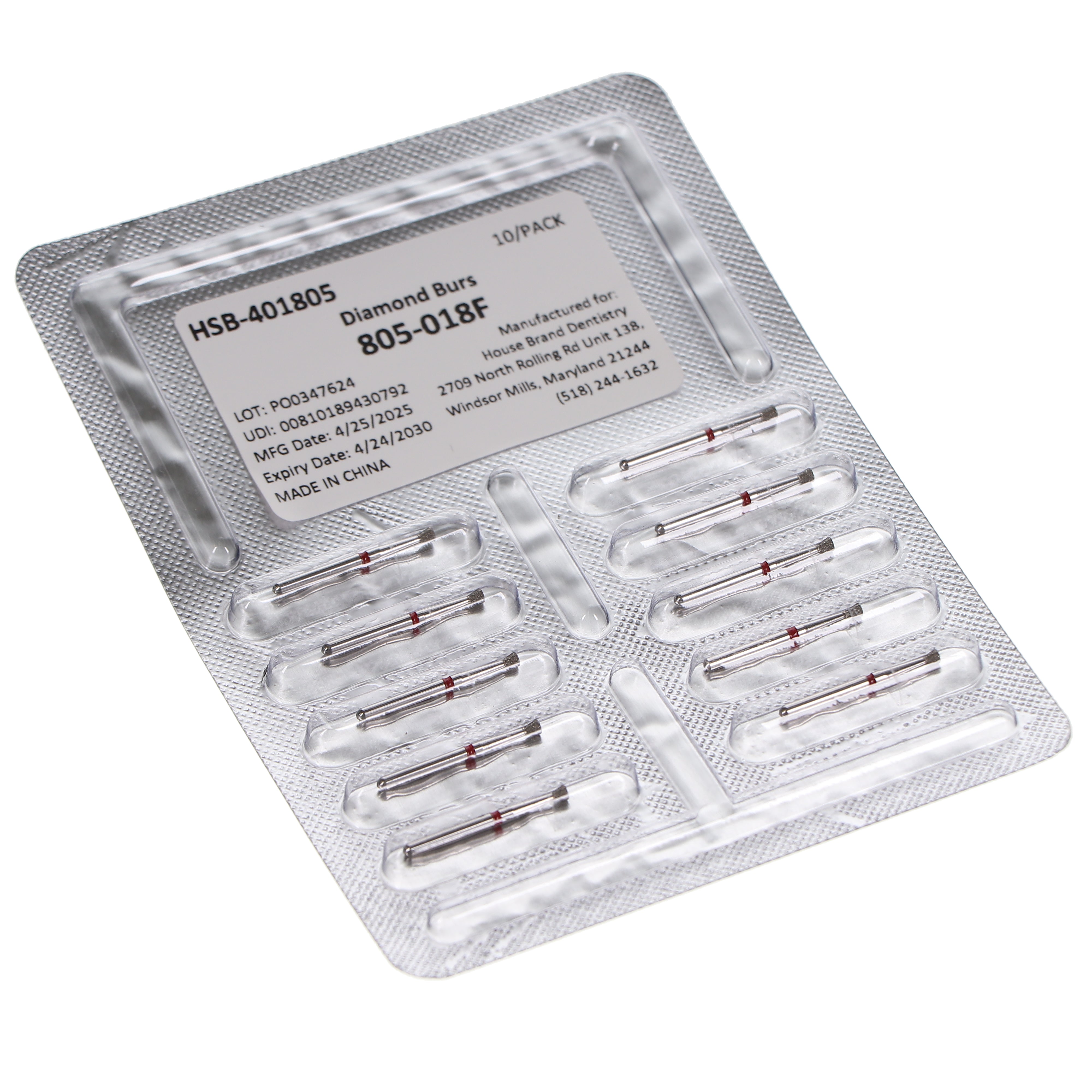 House Brand Dentistry 401805 HSB FG 805-018F Inverted Cone Fine Grit Diamond Burs 10/Pk