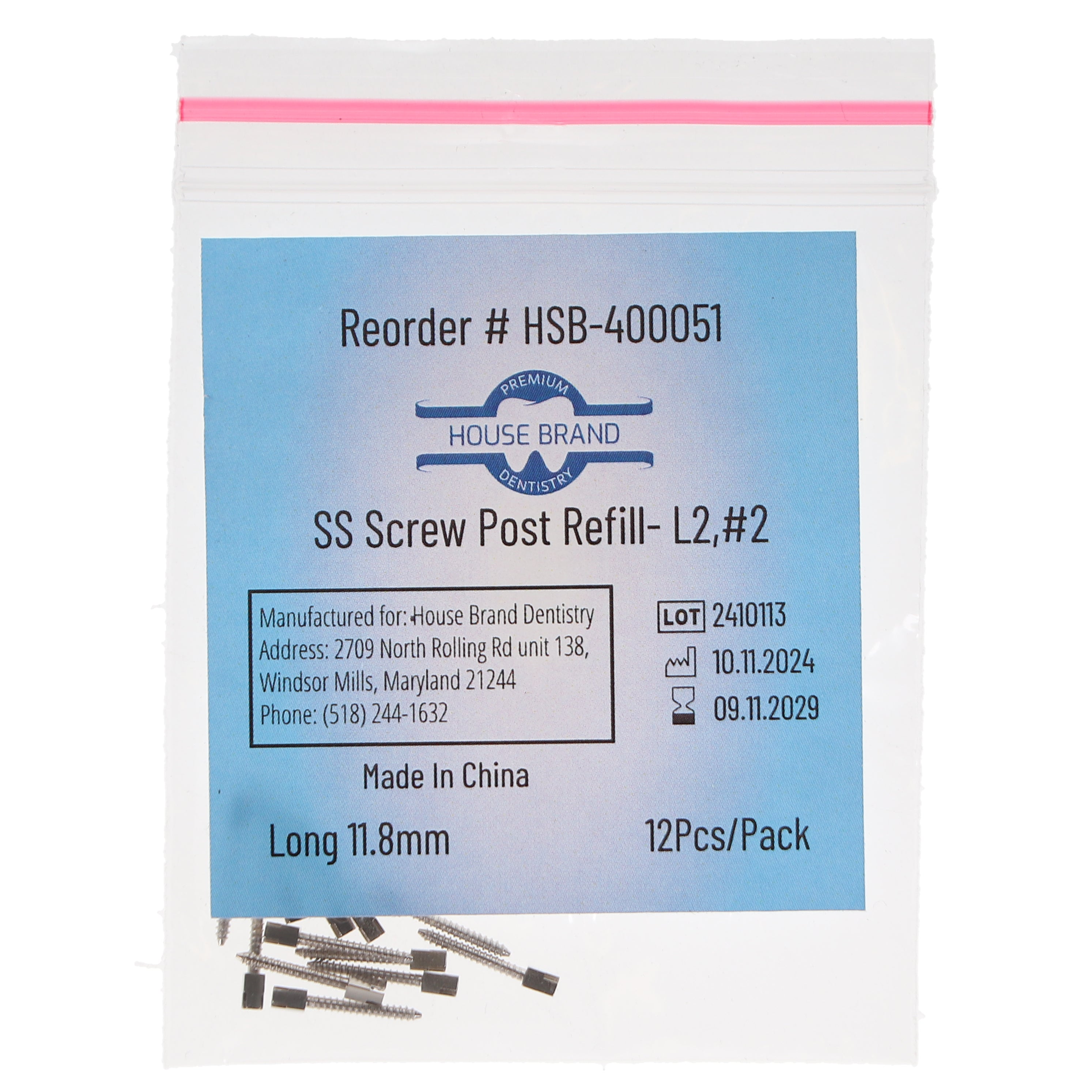 House Brand Dentistry 400051 HSB Screw Posts L2 #2 Long 11.8mm Stainless Steel 12/Pk