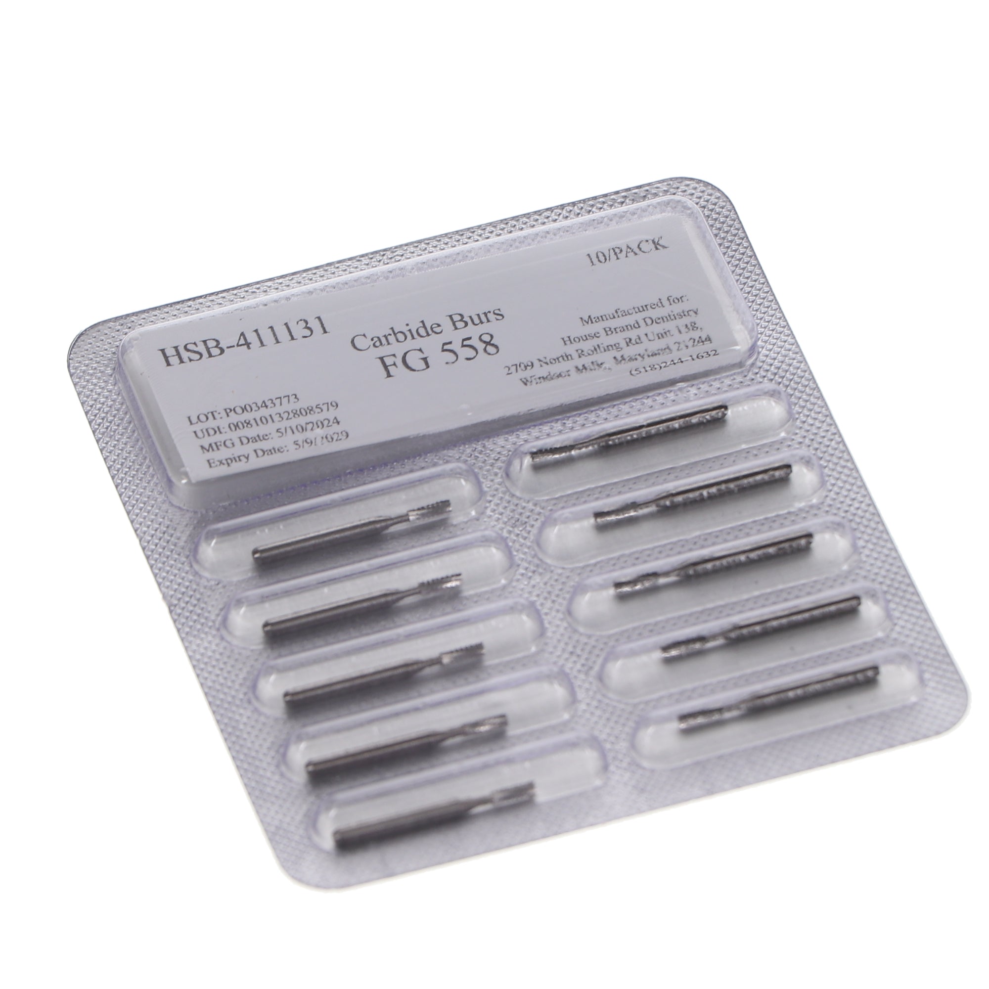 House Brand Dentistry 411131 HSB FG #558 Straight Fissure Crosscut Carbide Burs 10/Pk