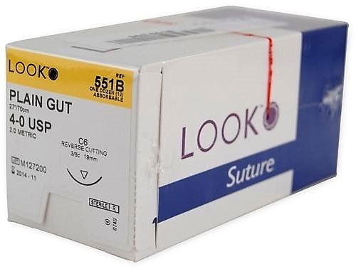 Look X551B Plain Gut Absorbable Reverse Cutting Sutures 4-0 C6 3/8 Circle 27