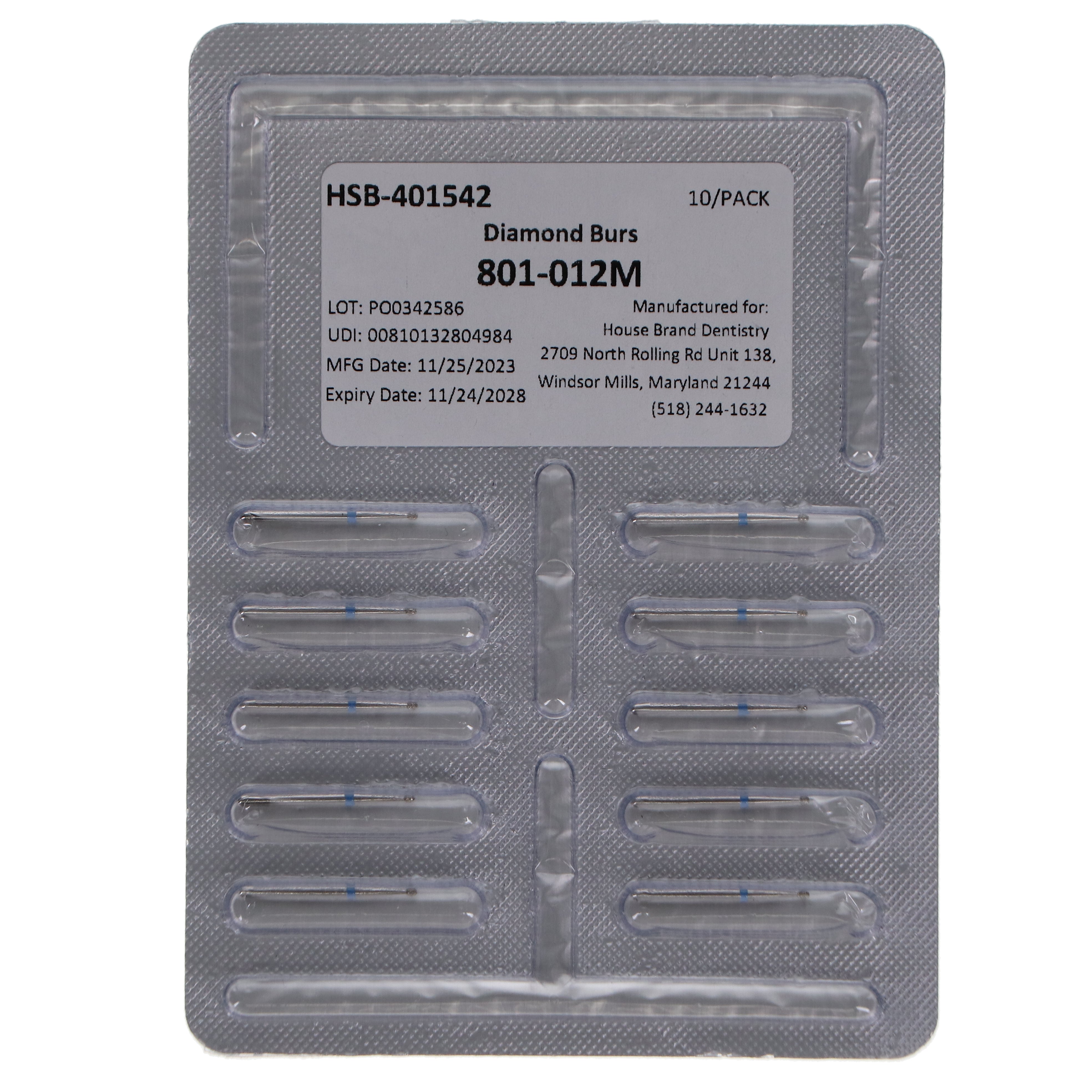 House Brand Dentistry 401542 FG 801-012M Round Medium Grit Diamond Burs 10/Pk