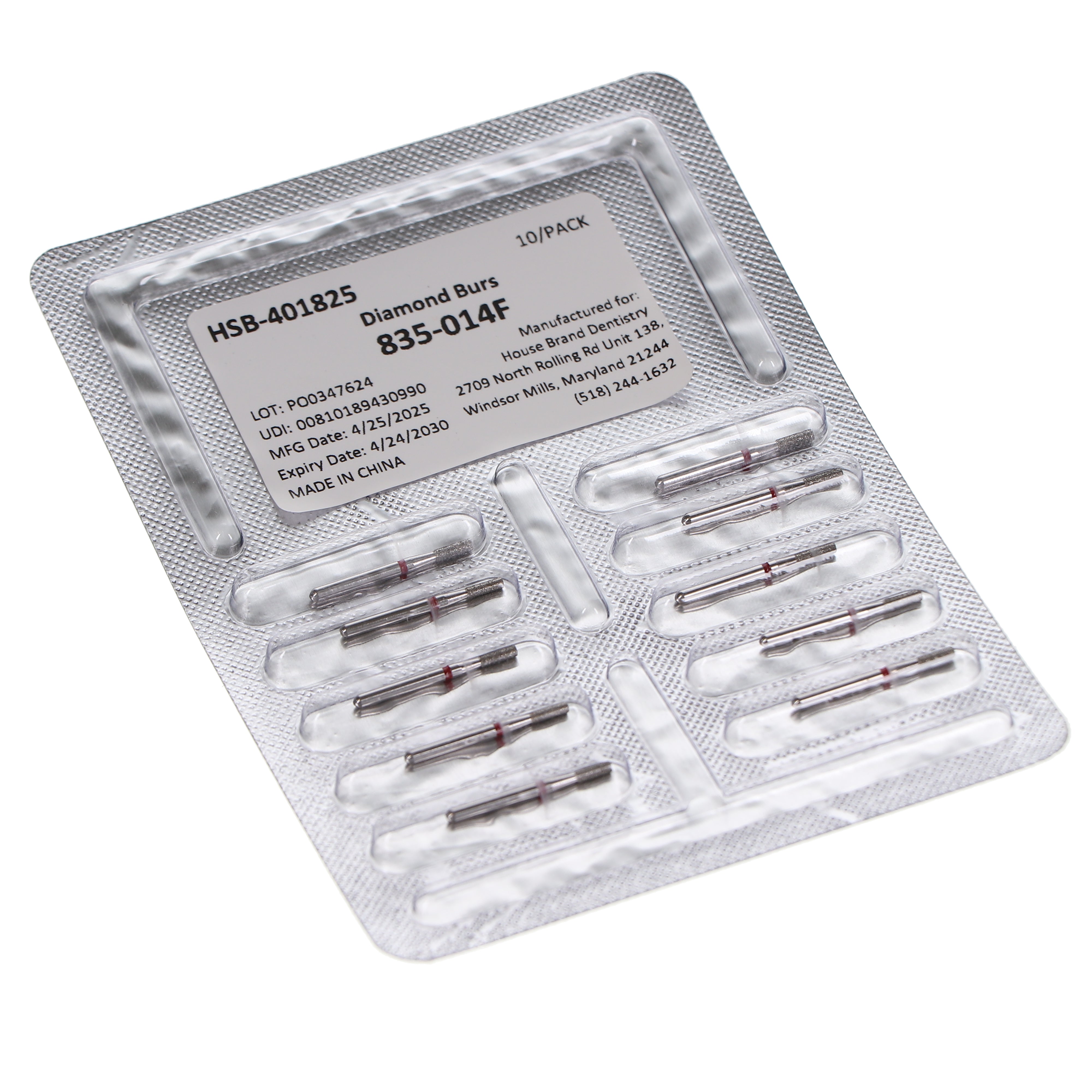 House Brand Dentistry 401825 HSB FG 835-014F Flat End Cylinder Fine Grit Diamond Burs 10/Pk