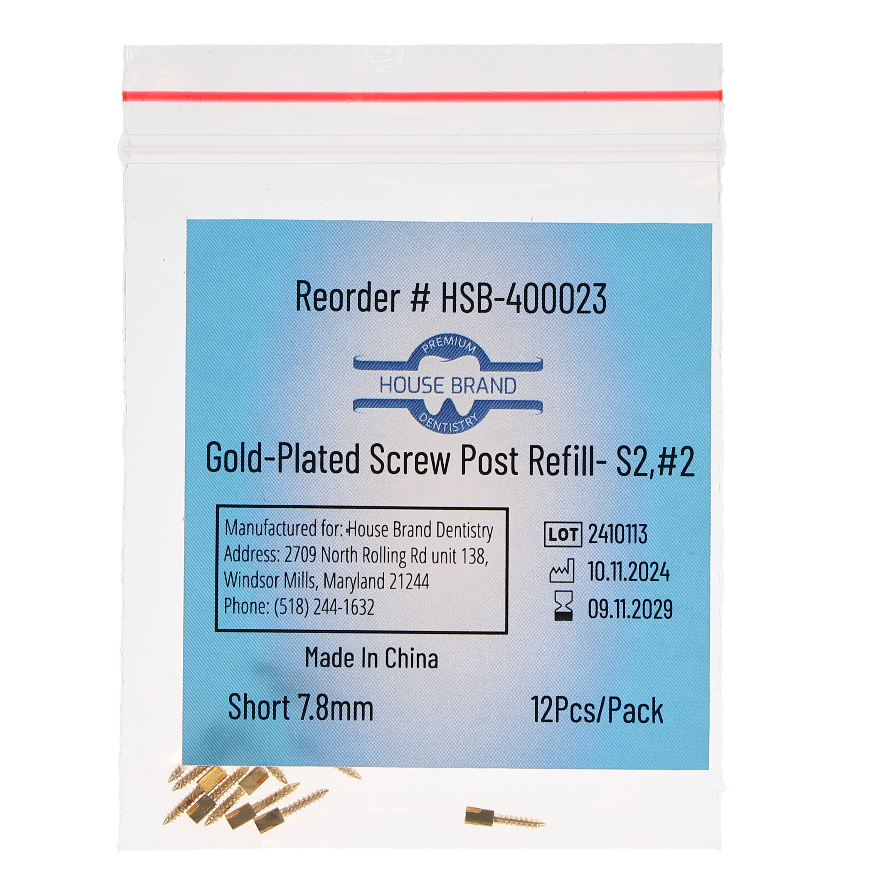 House Brand Dentistry 400023 HSB Gold Plated Screw Posts S2 #2 Short 7.8mm 12/Pk