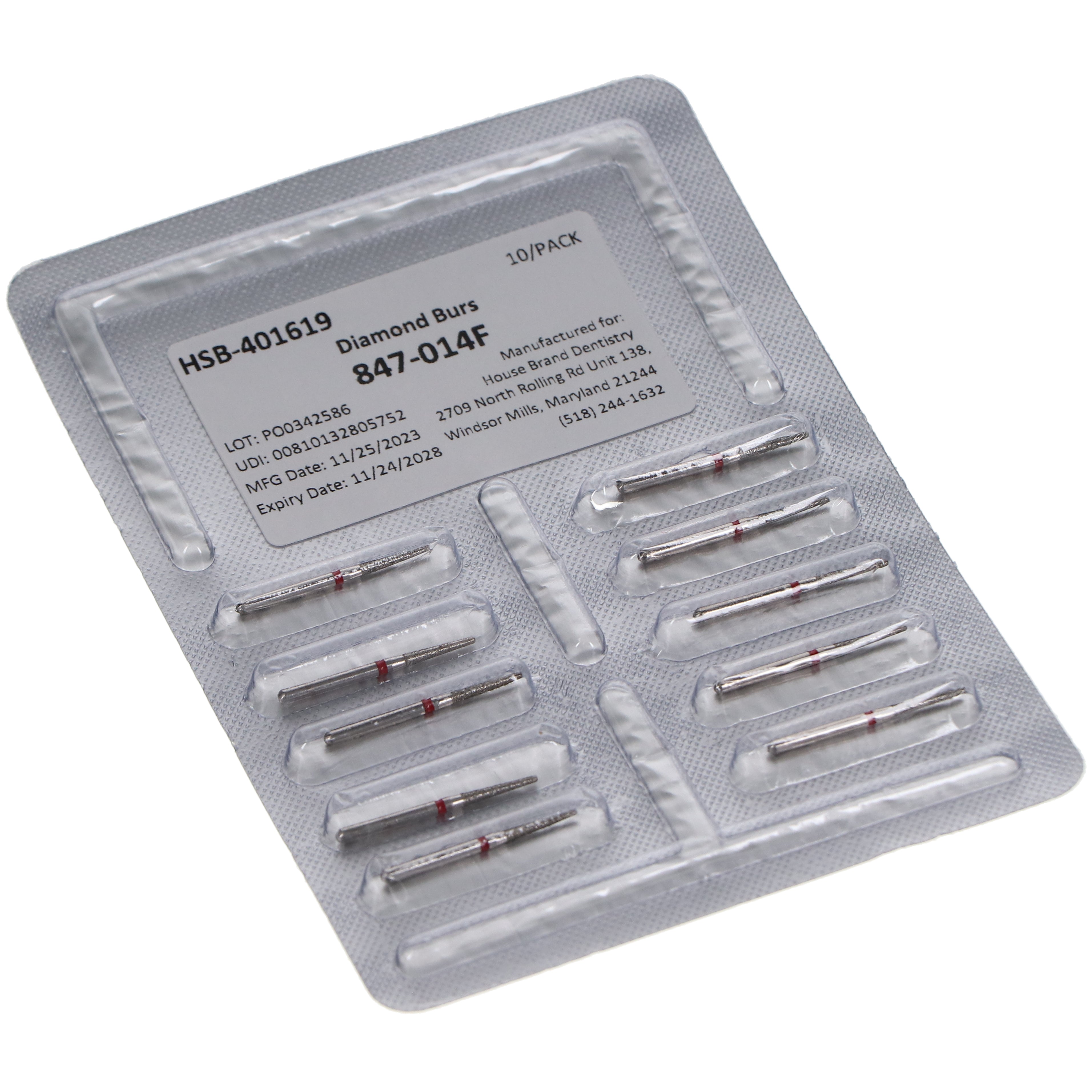 House Brand Dentistry 401619 HSB FG 847-014F Flat End Taper Fine Grit Diamond Burs 10/Pk