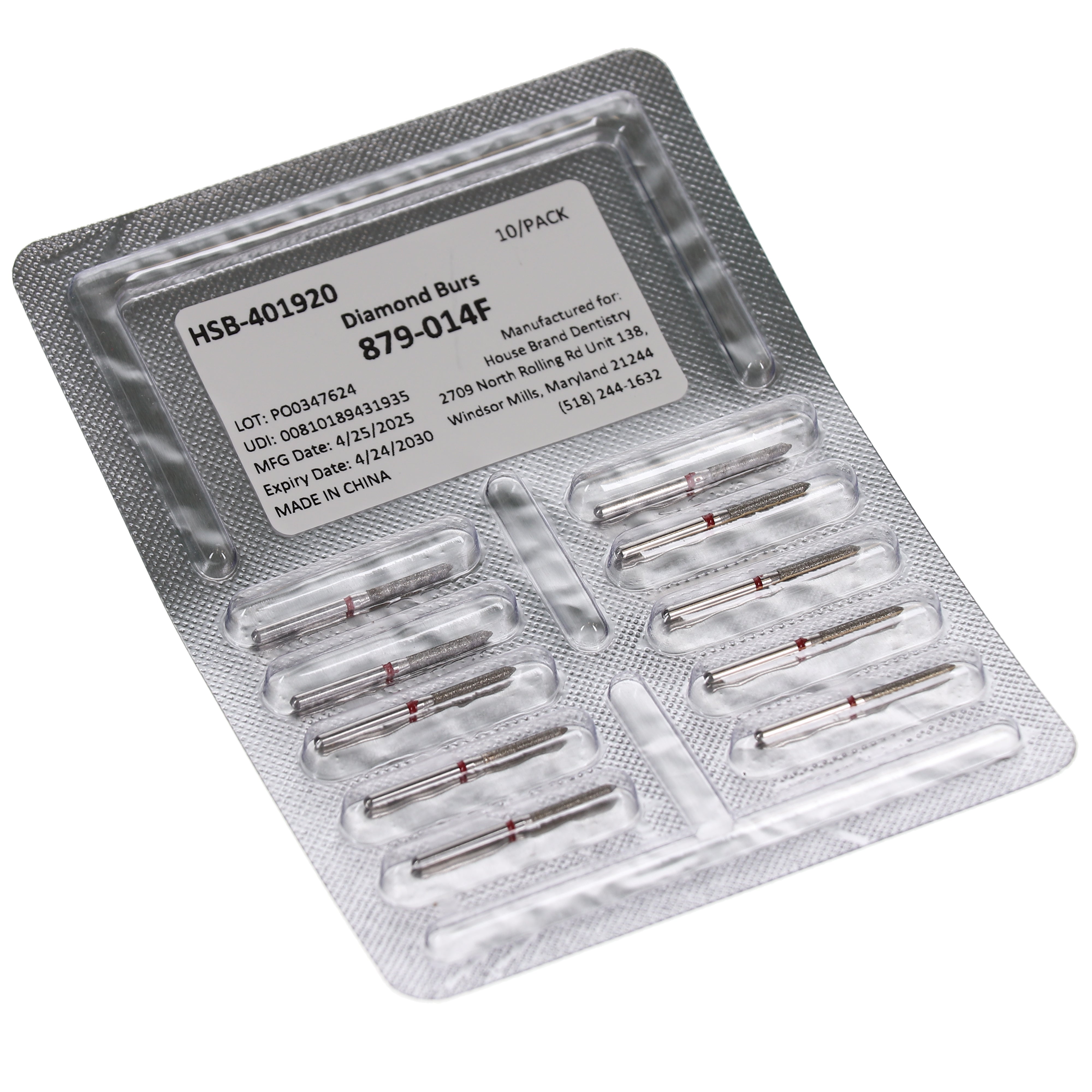House Brand Dentistry 401920 HSB FG 879-014F Beveled Cylinder Fine Grit Diamond Burs 10/Pk