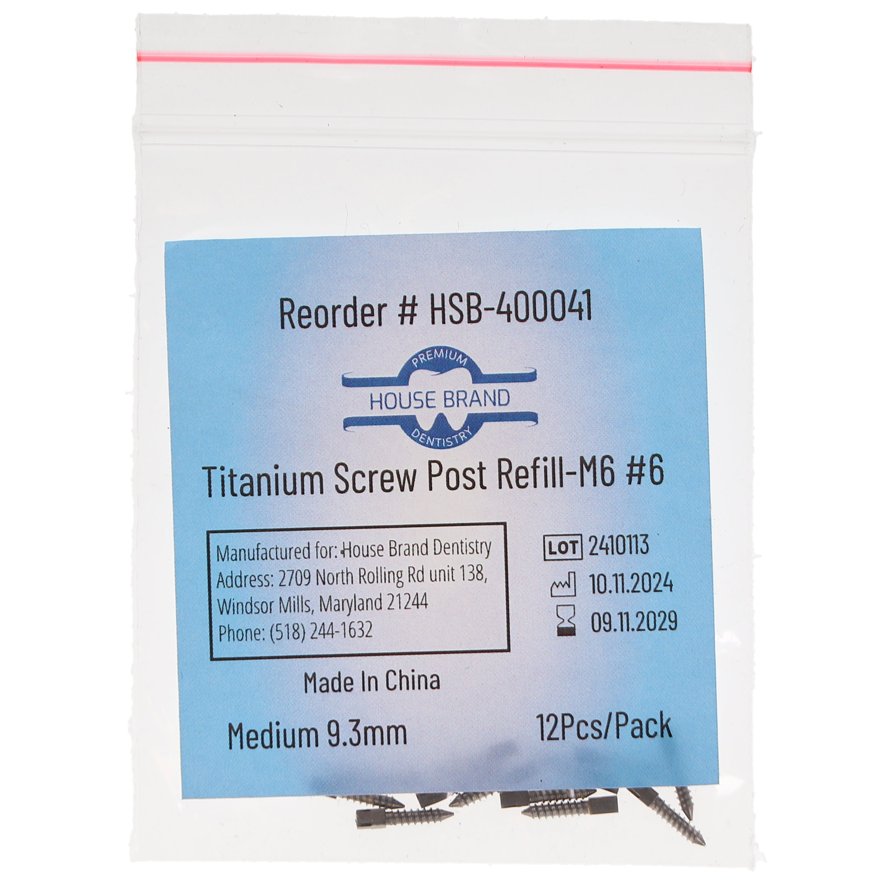 House Brand Dentistry 400041 HSB Titanium Screw Posts M6 #6 Medium 9.3mm 12/Pk