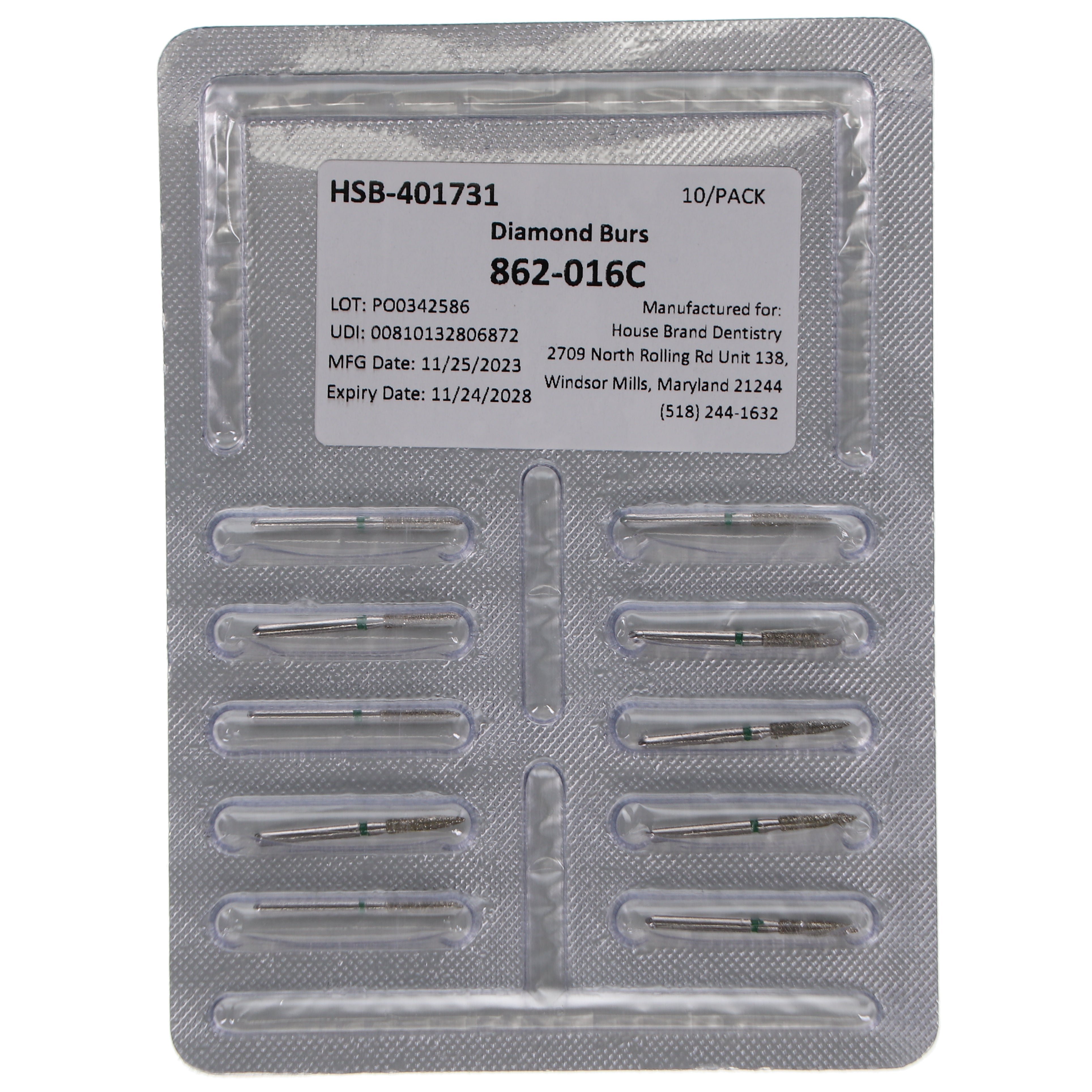 House Brand Dentistry 401731 HSB FG 862-016C Flame Coarse Grit Diamond Burs 10/Pk