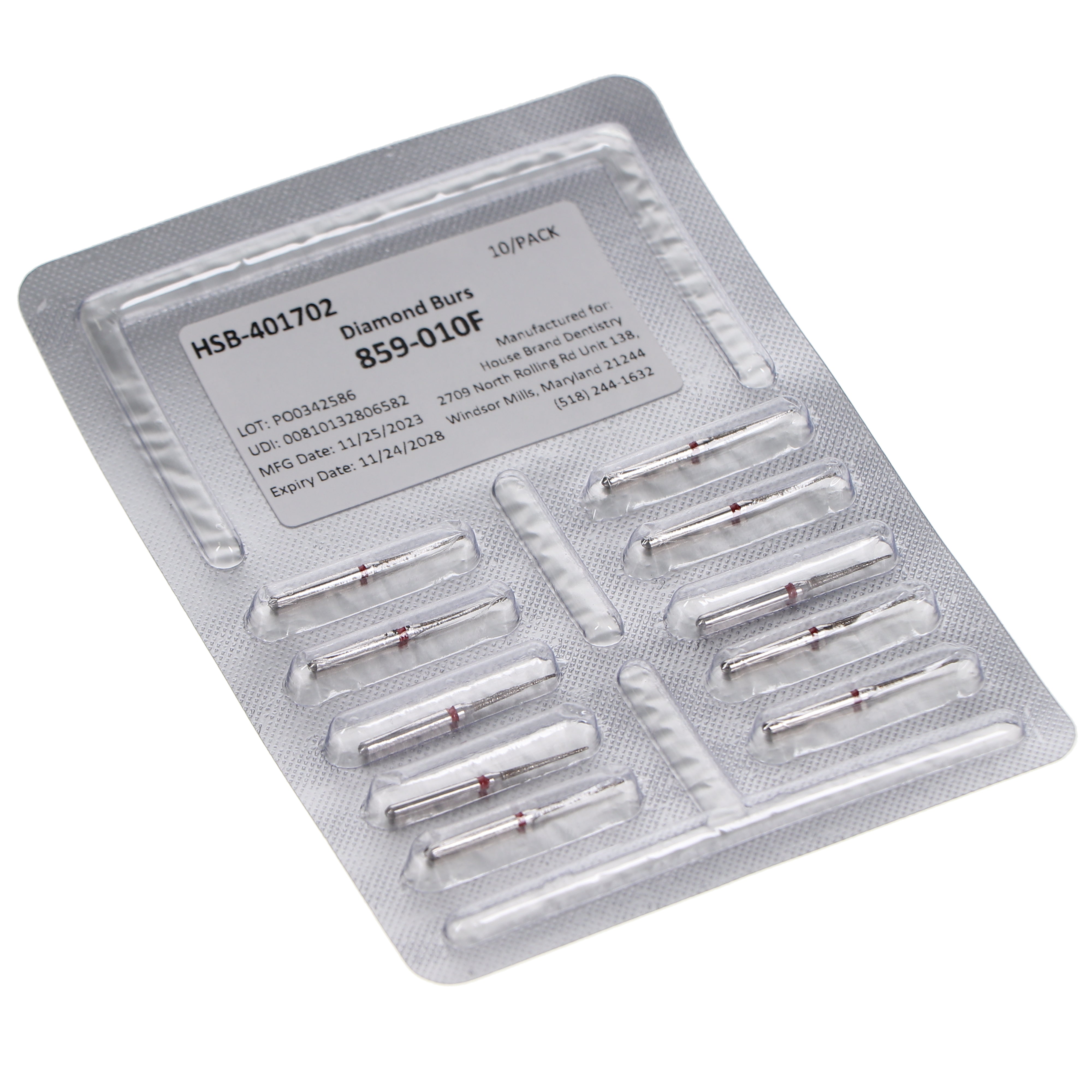 House Brand Dentistry 401702 HSB FG 859-010F Needle Fine Grit Diamond Burs 10/Pk