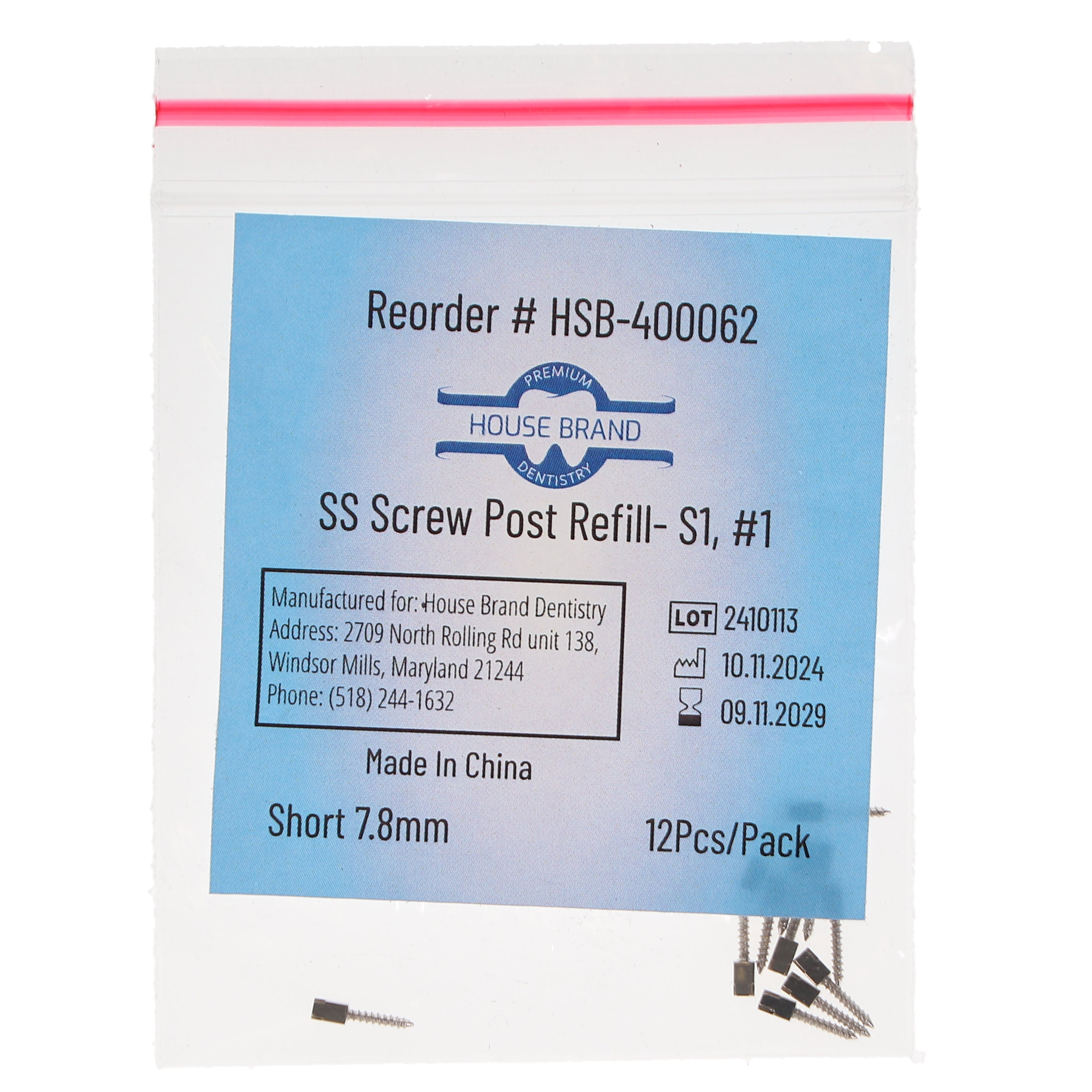House Brand Dentistry 400062 HSB Screw Posts S1 #1 Short 7.8mm Stainless Steel 12/Pk