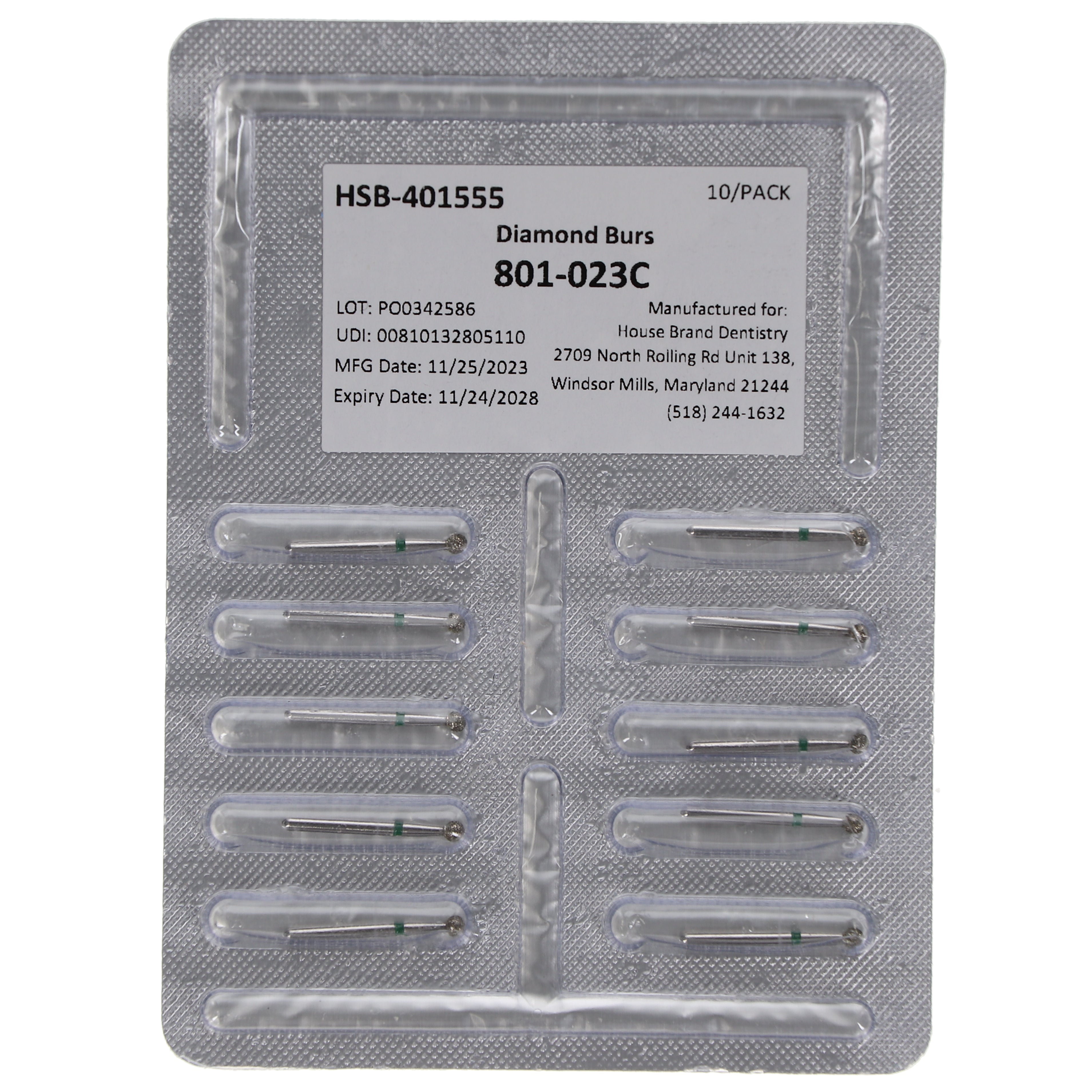 House Brand Dentistry 401555 HSB FG 801-023C Round Coarse Grit Diamond Burs 10/Pk