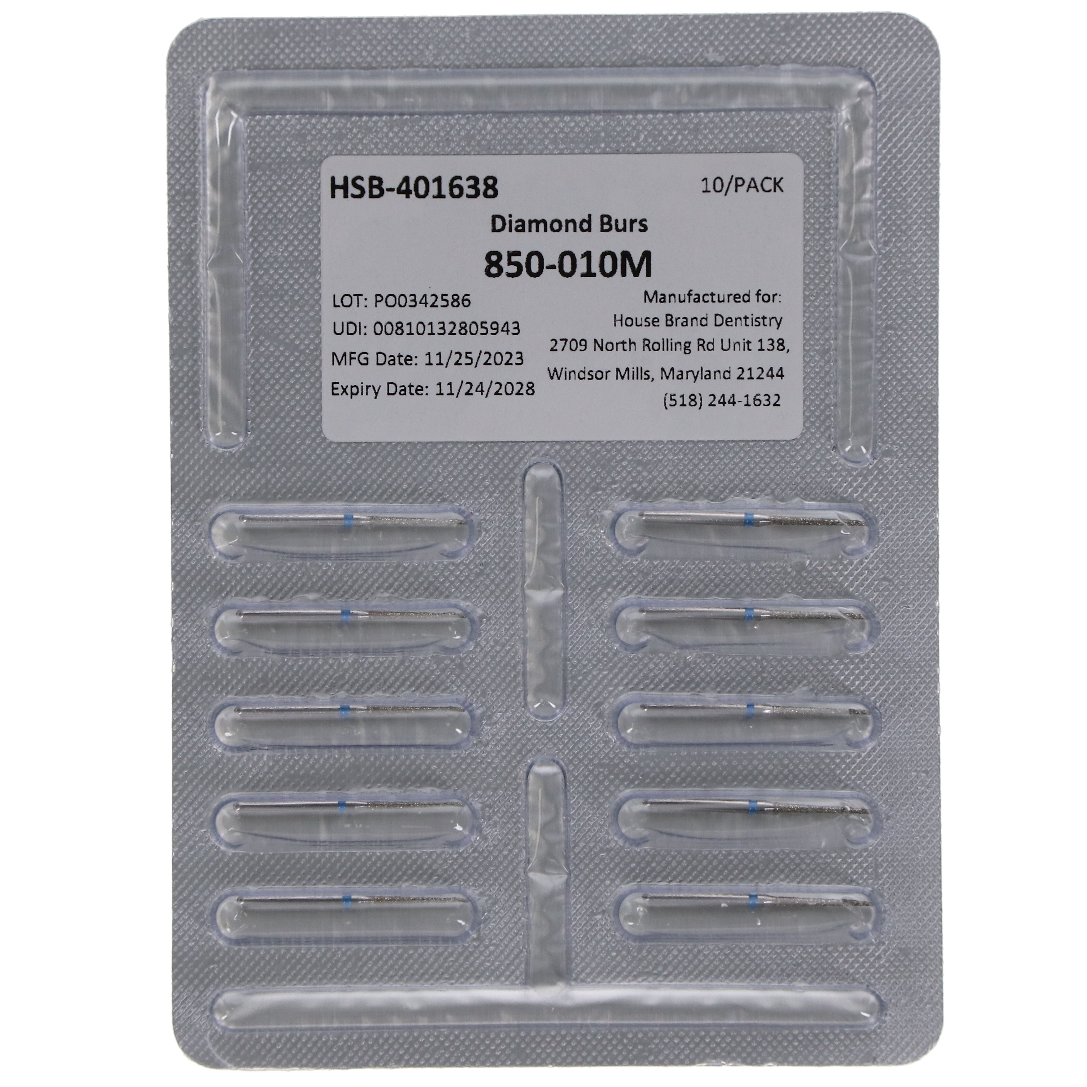 House Brand Dentistry 401638 HSB FG 850-010M Round End Taper Medium Grit Diamond Burs 10/Pk