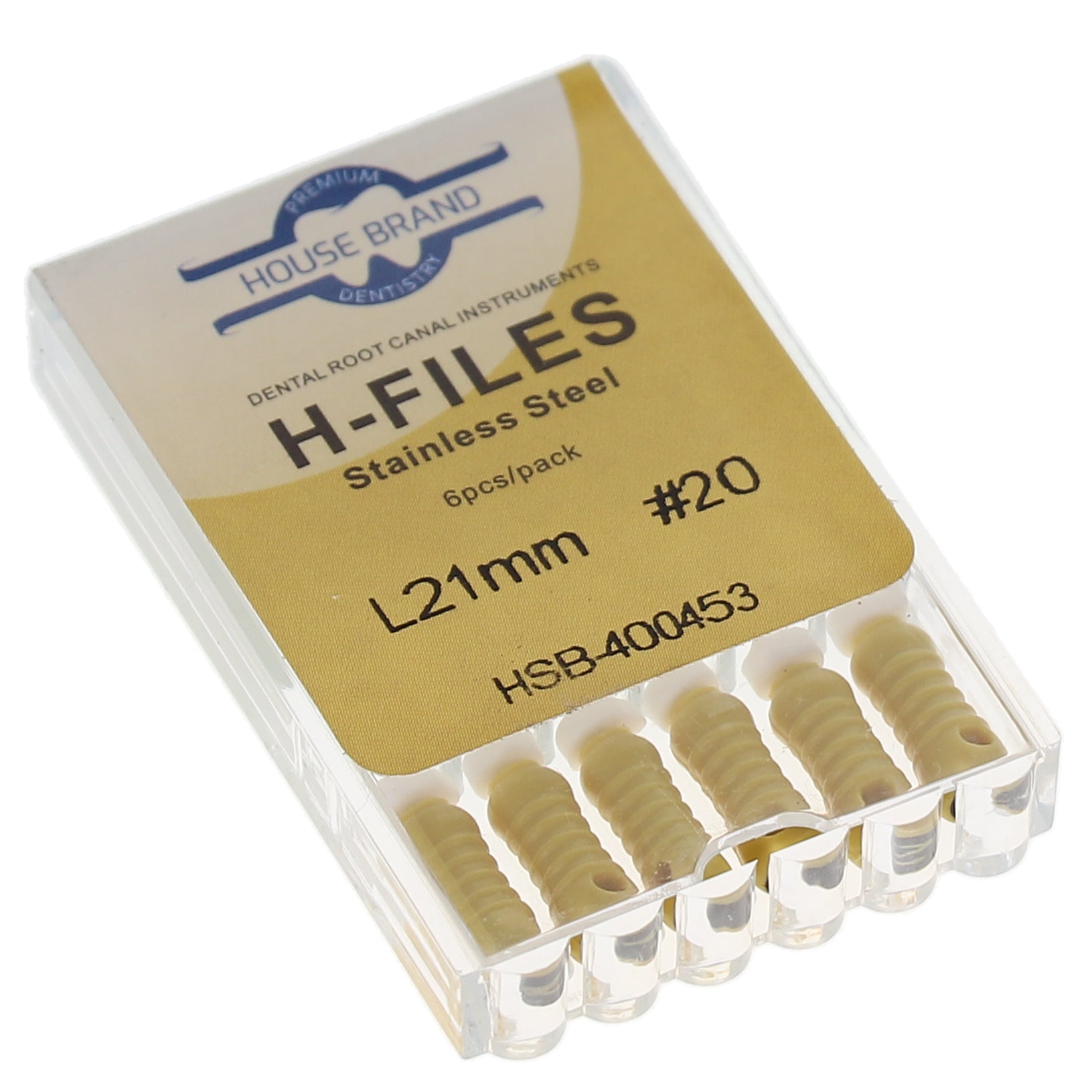 House Brand Dentistry 400453 HSB Hedstrom Endodontic Files Stainless Steel 21mm #20 Yellow 6/Pk