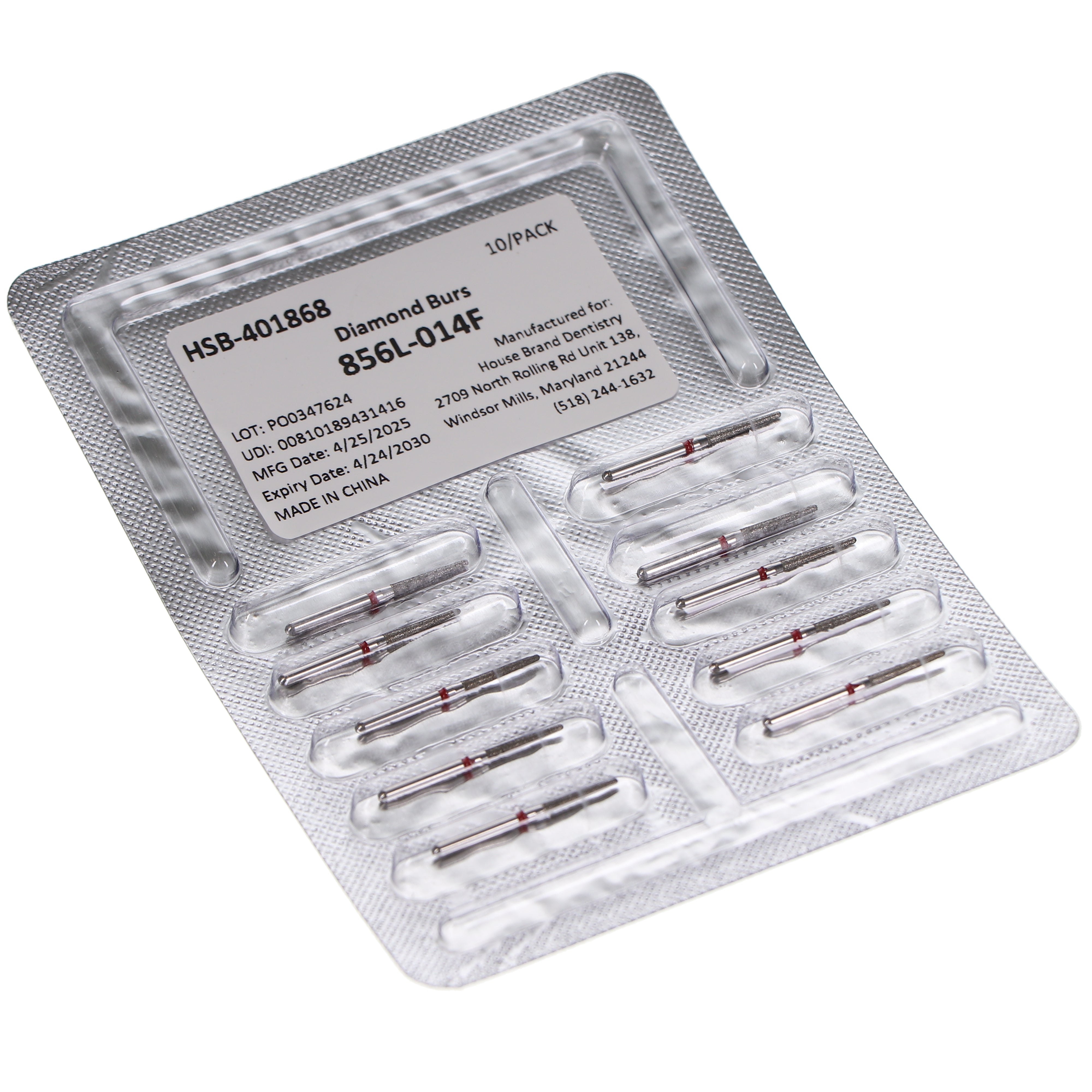 House Brand Dentistry 401868 HSB FG 856L-014F Round End Taper Fine Grit Diamond Burs 10/Pk