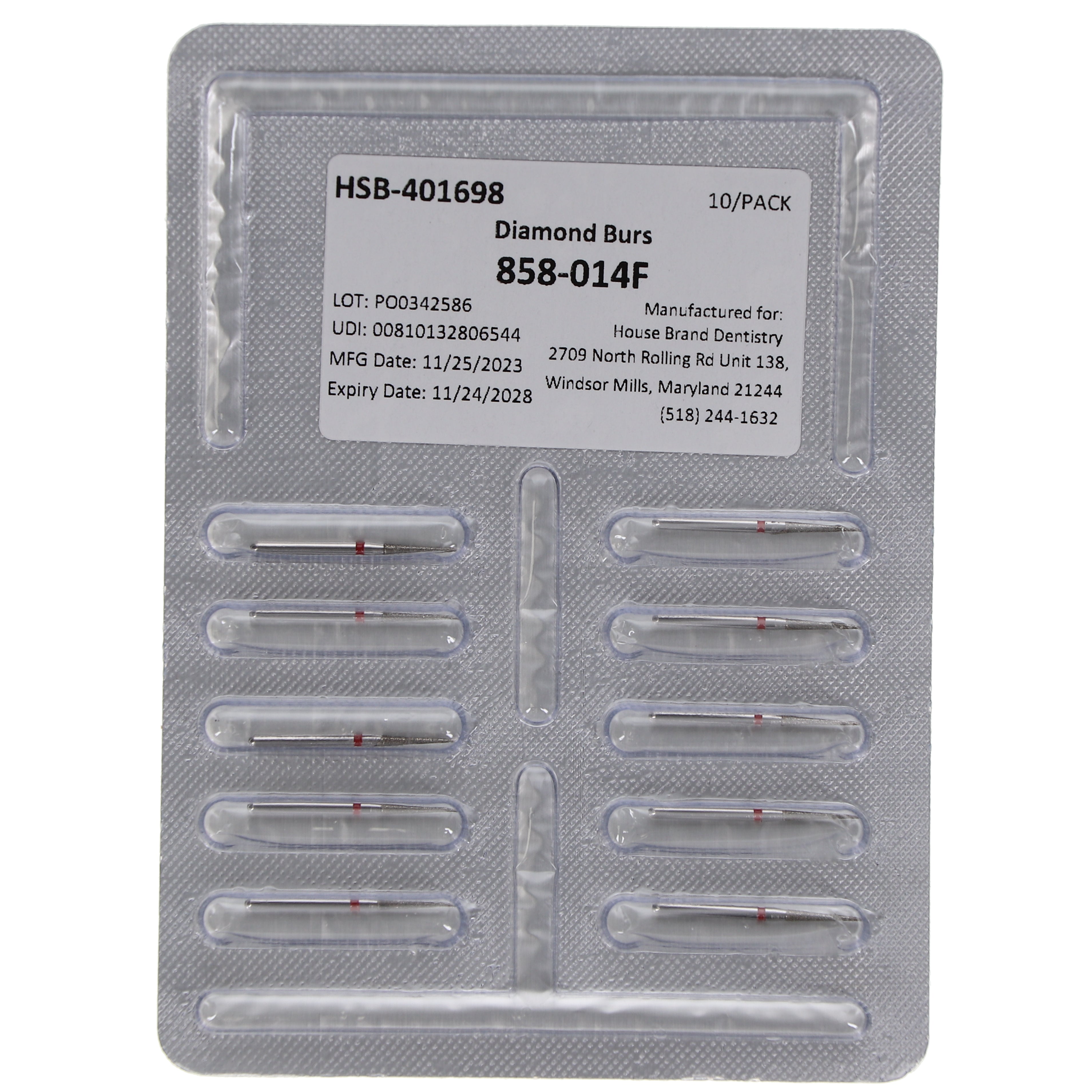 House Brand Dentistry 401698 HSB FG 858-014F Needle Fine Grit Diamond Burs 10/Pk