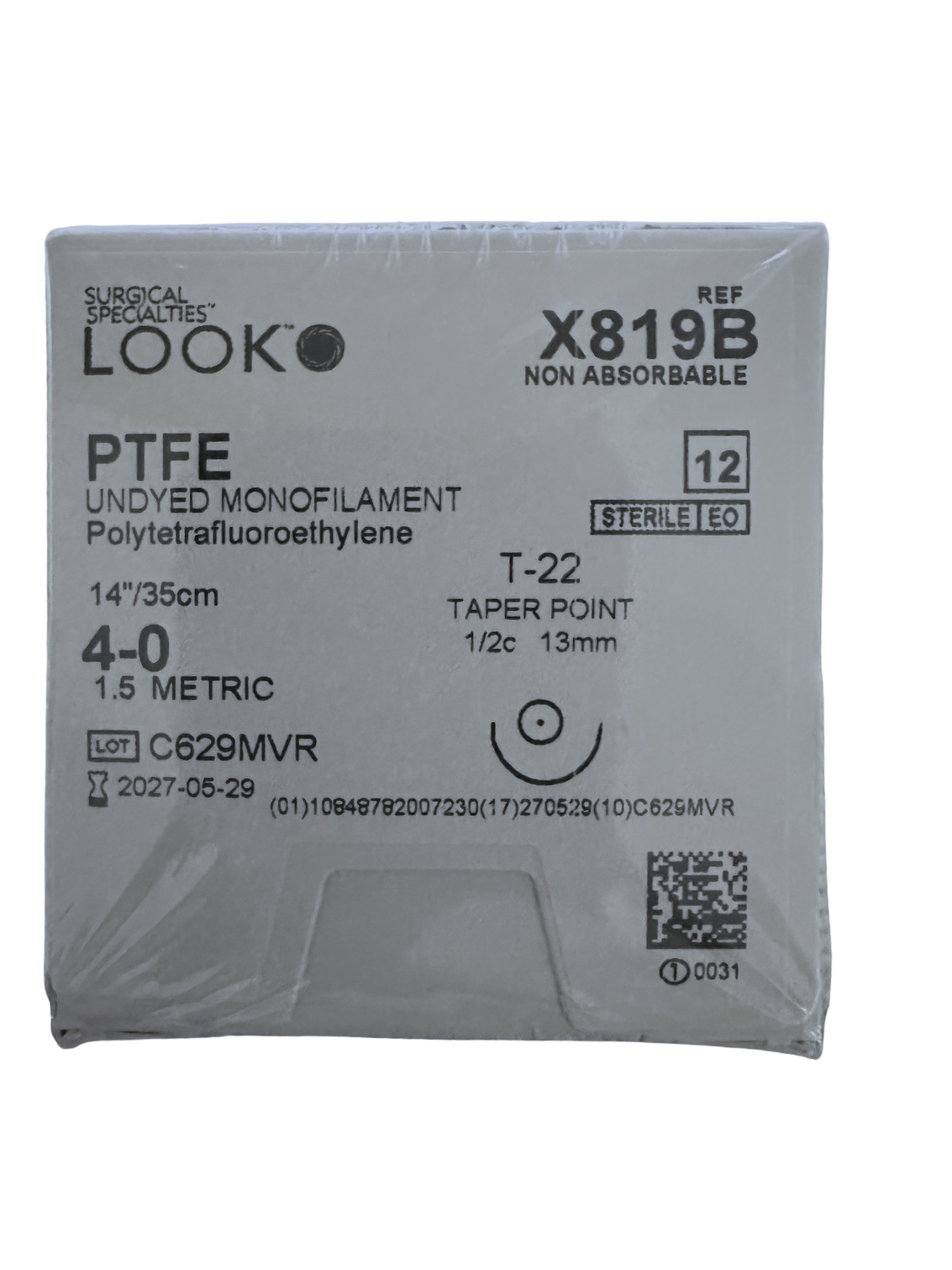 Look X819B PTFE Undyed Sutures 4-0 14'' T22 1/2 Circle Taper Point 13mm 12/Pk