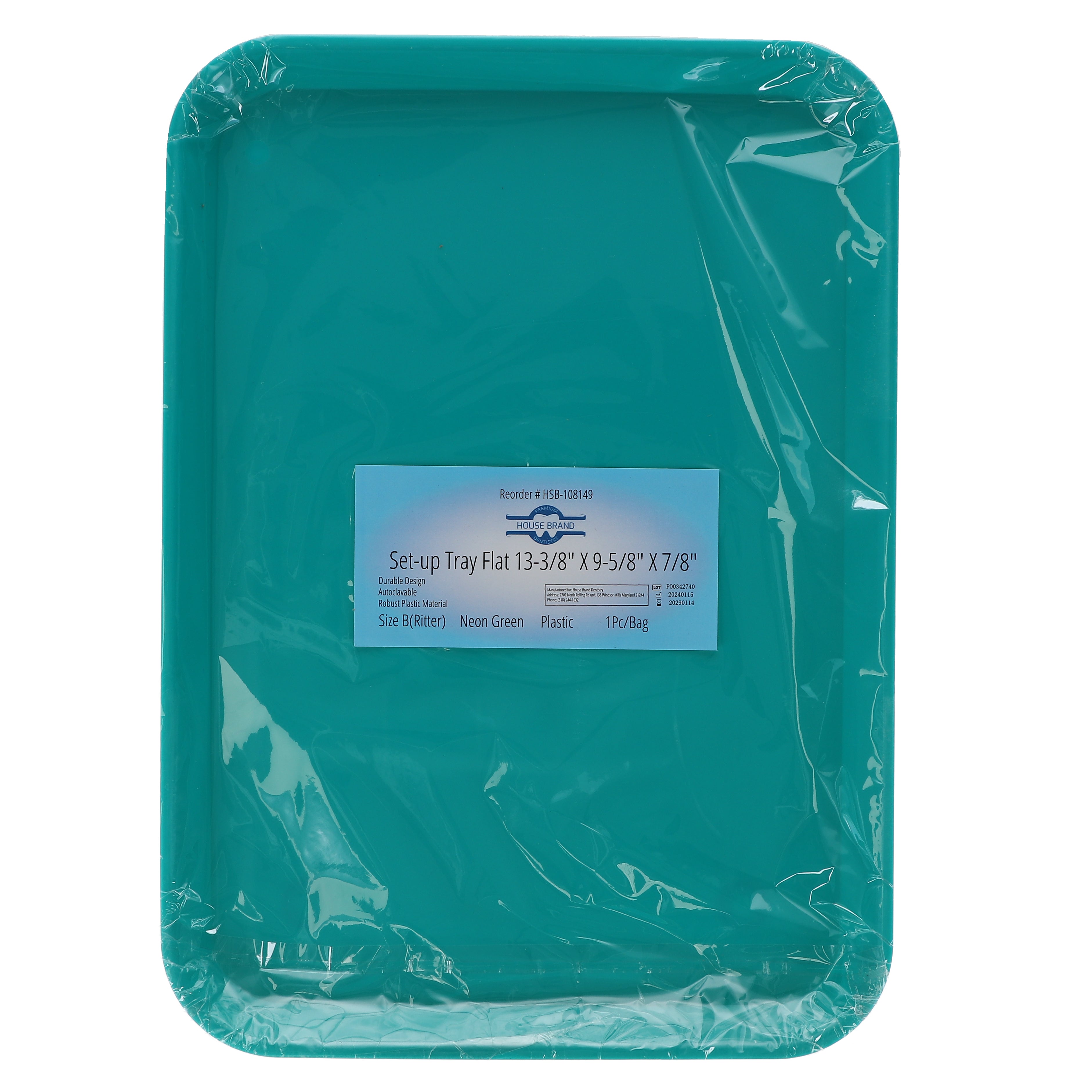 House Brand Dentistry 108149 HSB Set-Up Tray Flat #B Ritter Neon Green Plastic 13-3/8