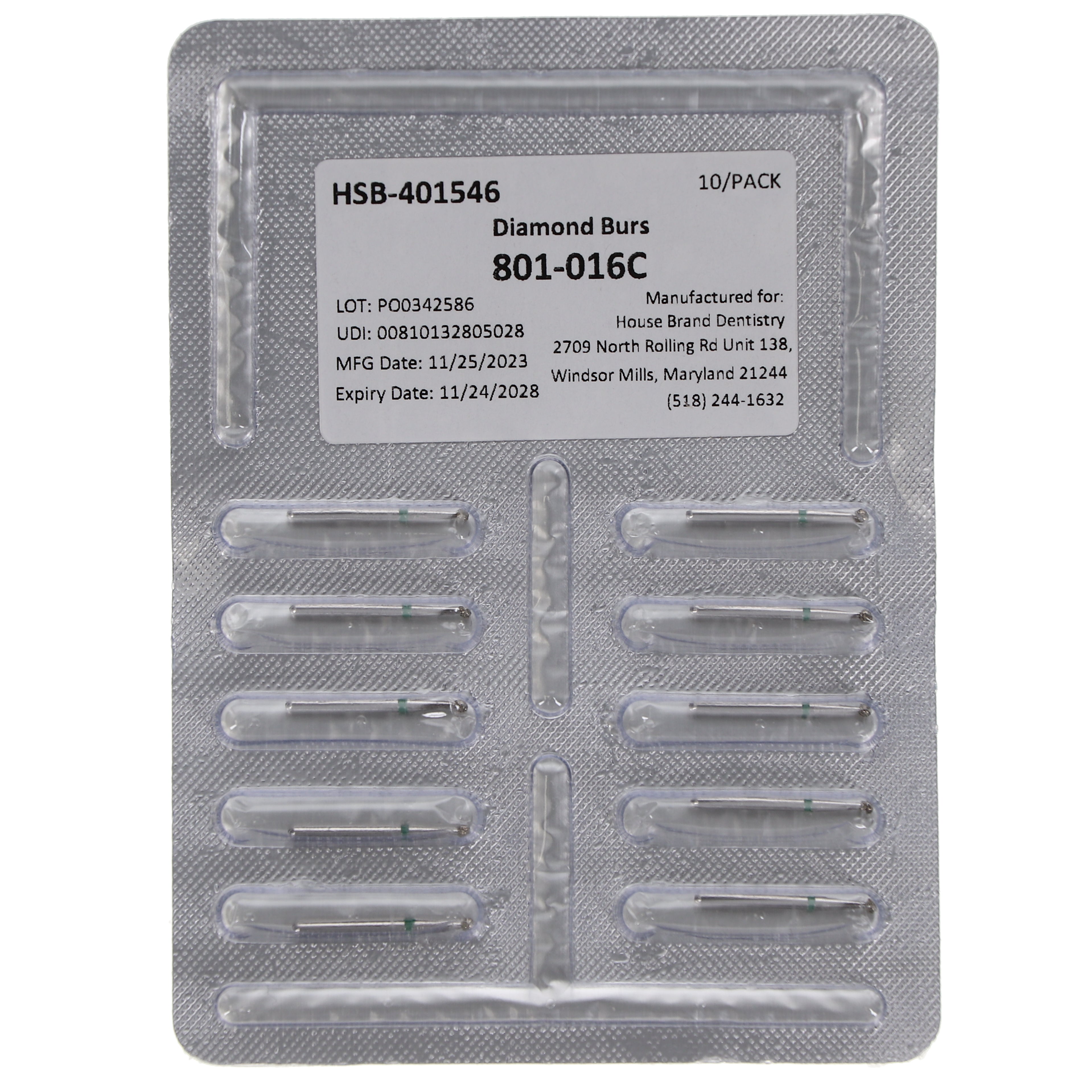 House Brand Dentistry 401546 HSB FG 801-016C Round Coarse Grit Diamond Burs 10/Pk