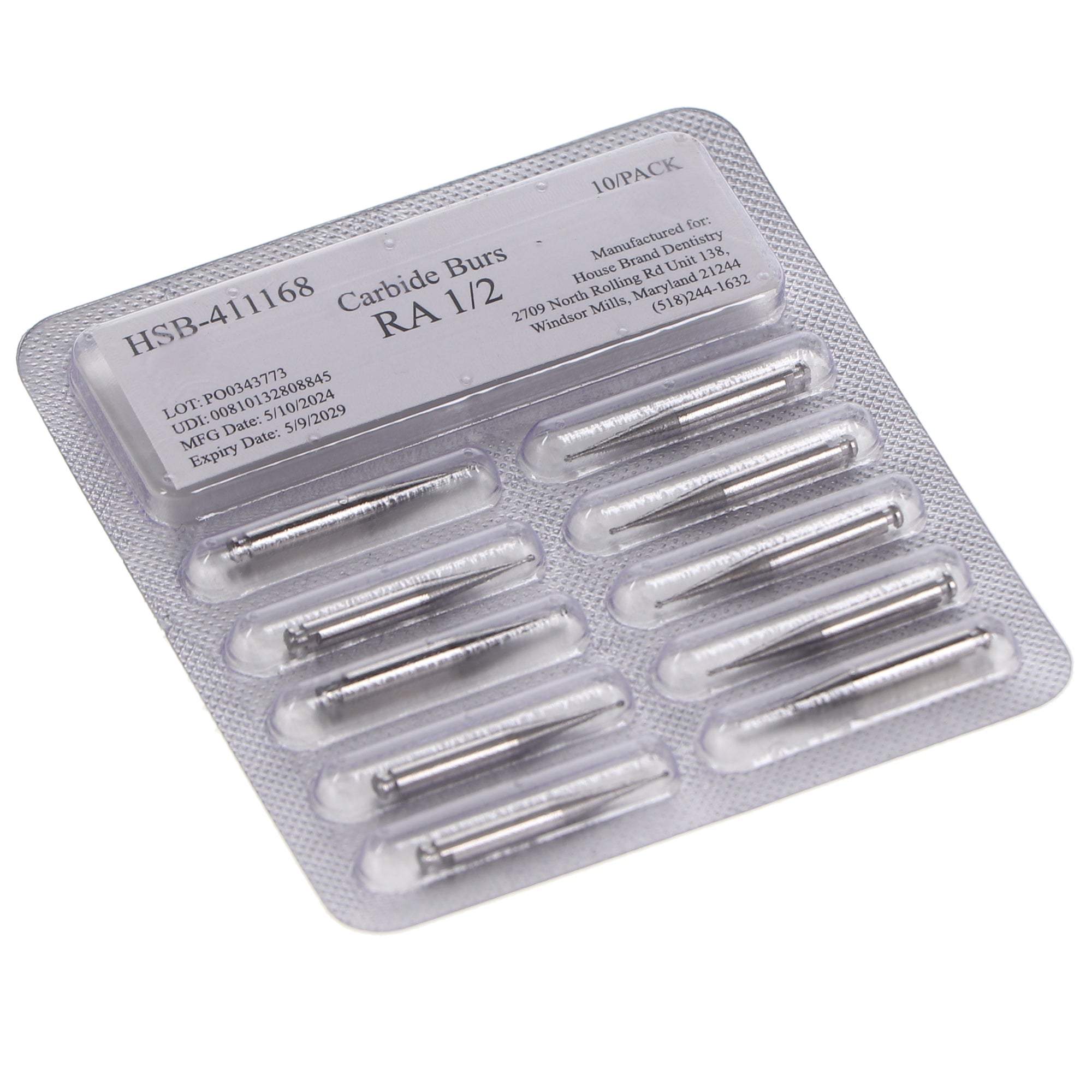 House Brand Dentistry 411168 HSB RA #1/2 Round Carbide Burs 10/Pk