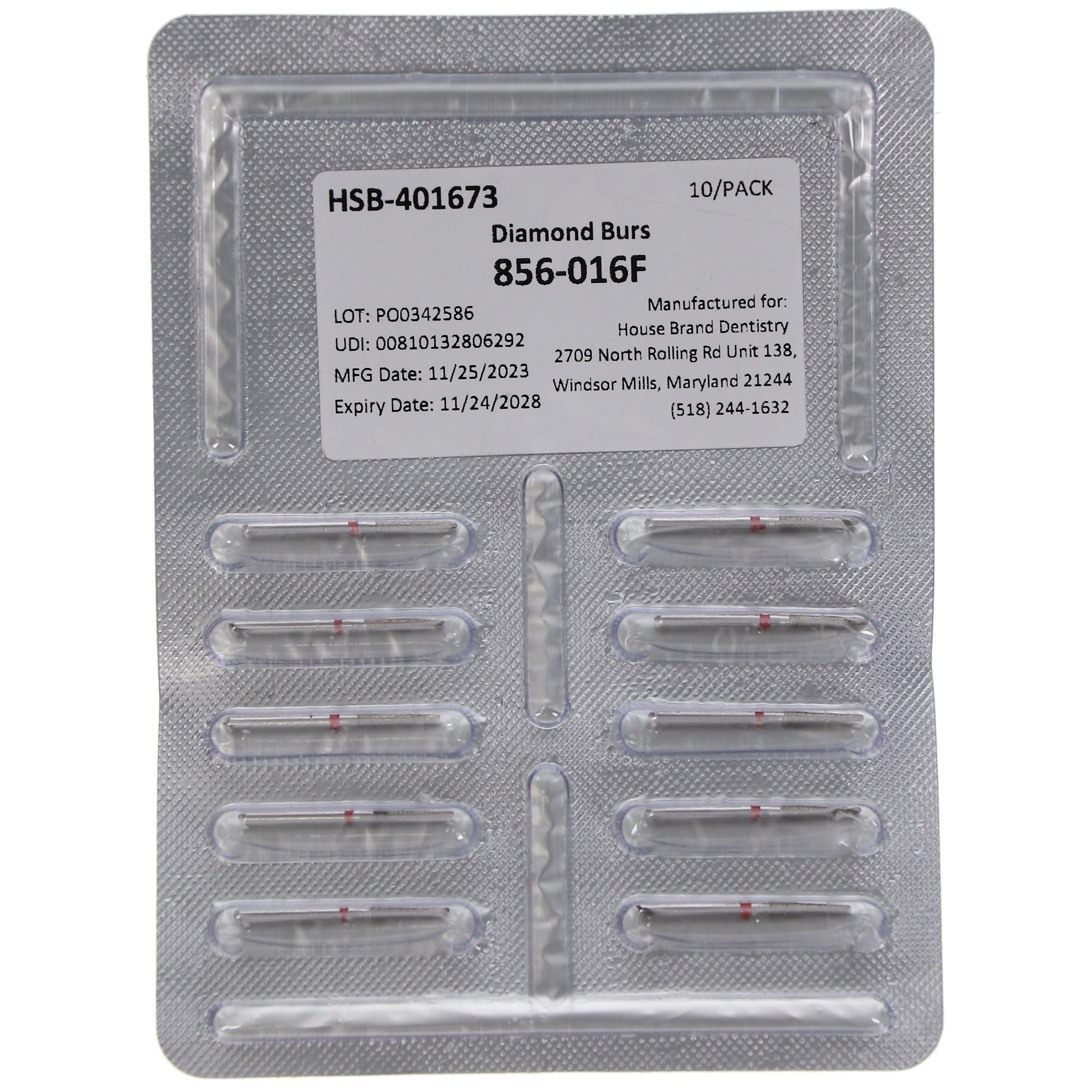 House Brand Dentistry 401673 HSB FG 856-016F Round End Taper Fine Grit Diamond Burs 10/Pk