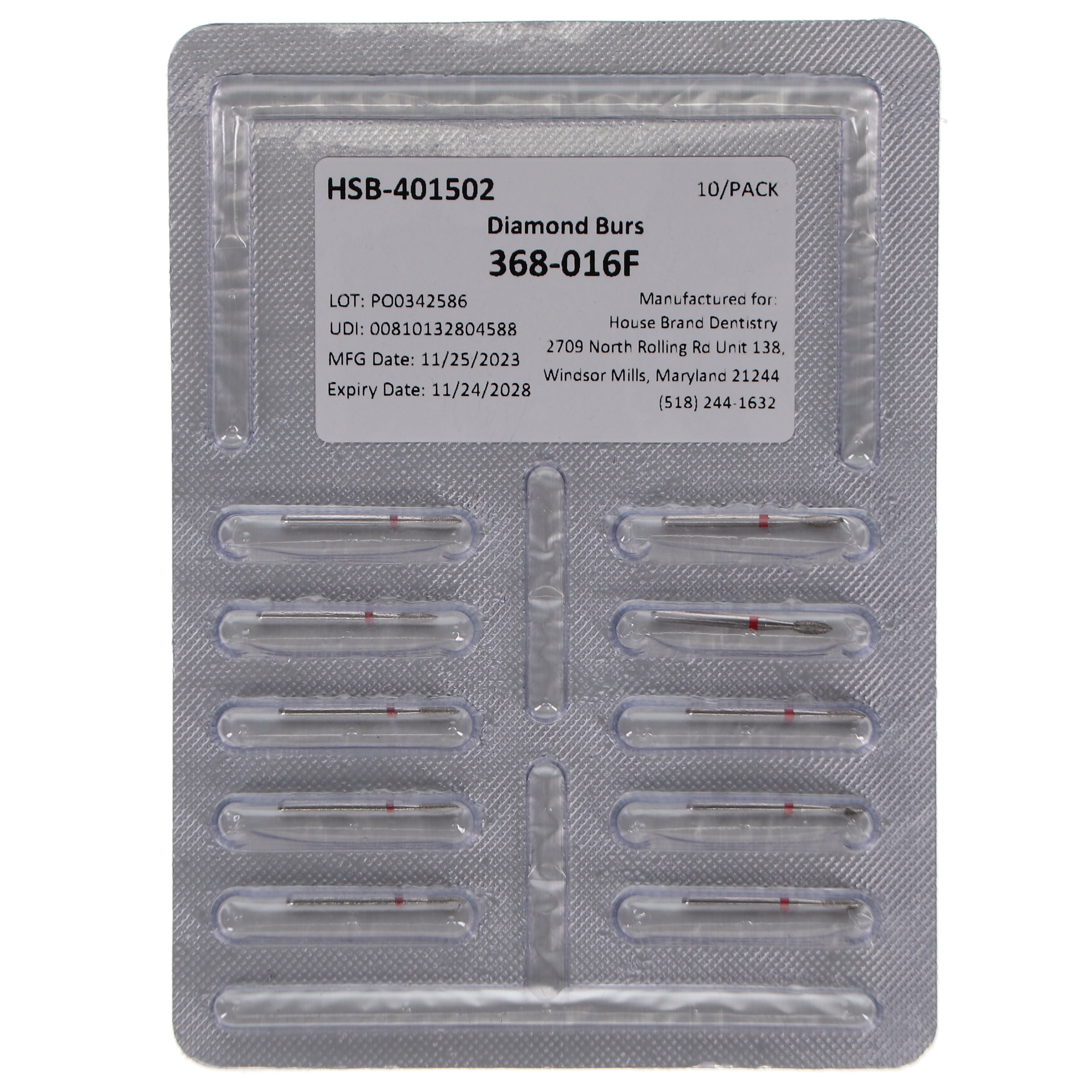 House Brand Dentistry 401502 HSB FG 368-016F Football Fine Grit Diamond Burs 10/Pk