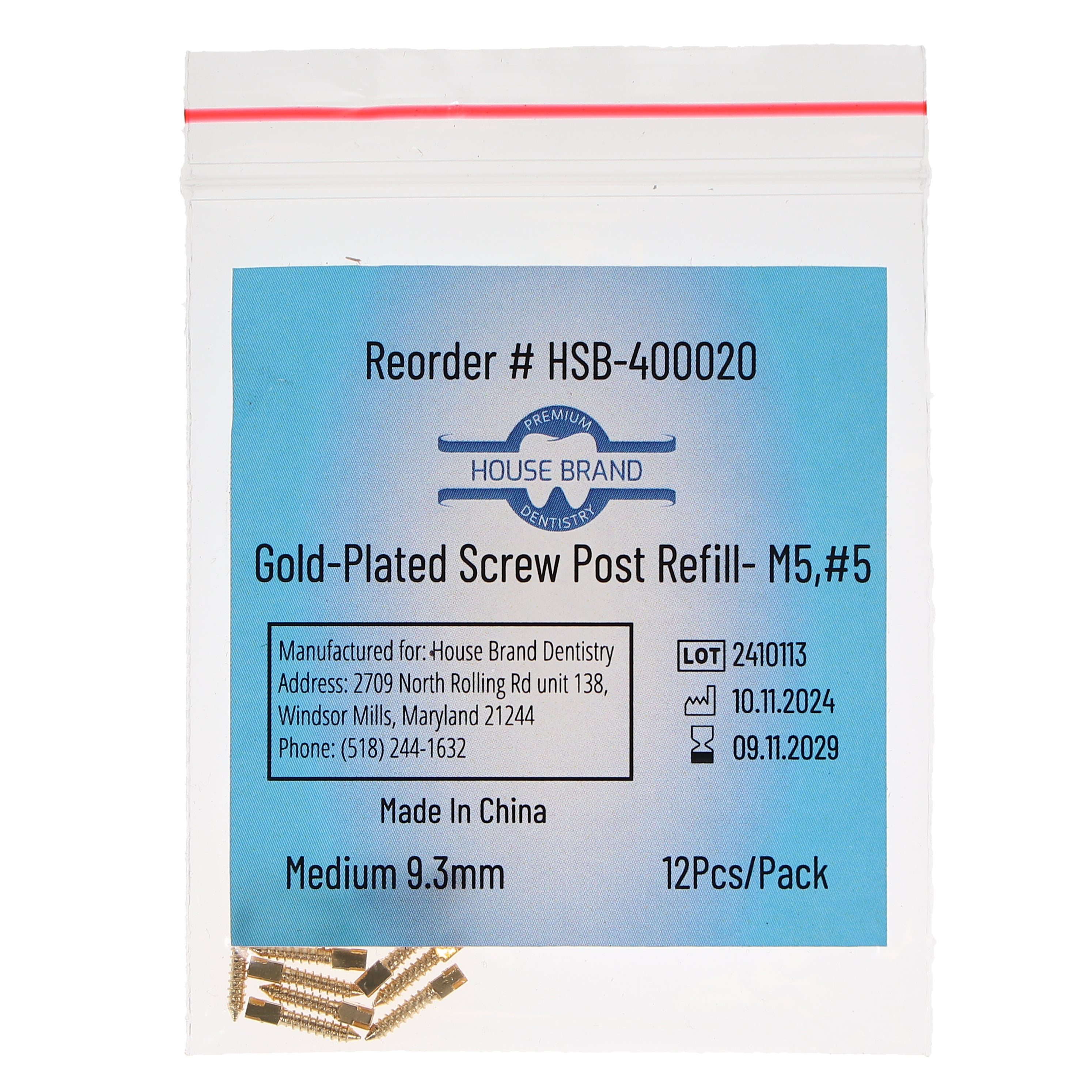 House Brand Dentistry 400020 HSB Gold Plated Screw Posts M5 #5 Medium 9.3mm 12/Pk