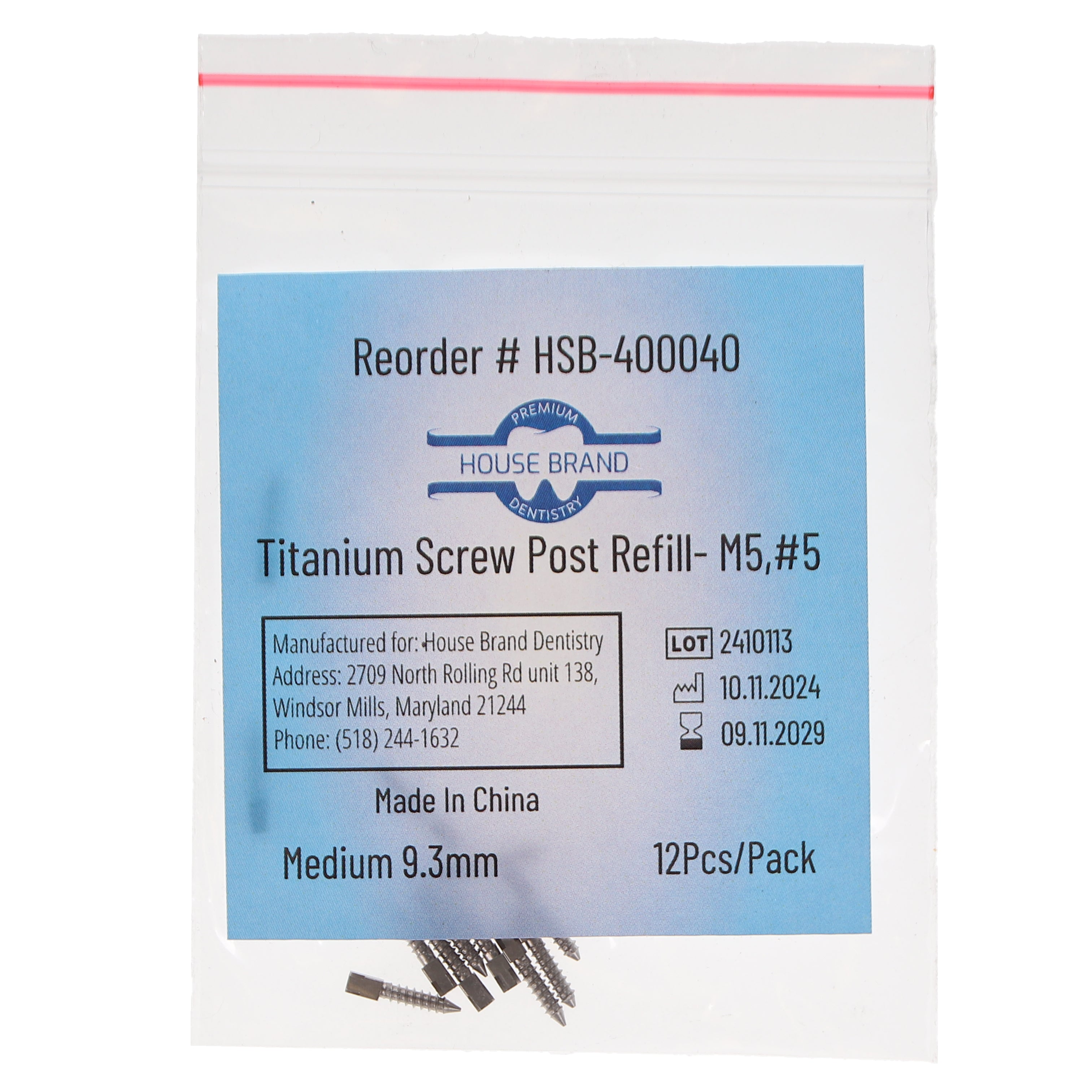 House Brand Dentistry 400040 HSB Titanium Screw Posts M5 #5 Medium 9.3mm 12/Pk