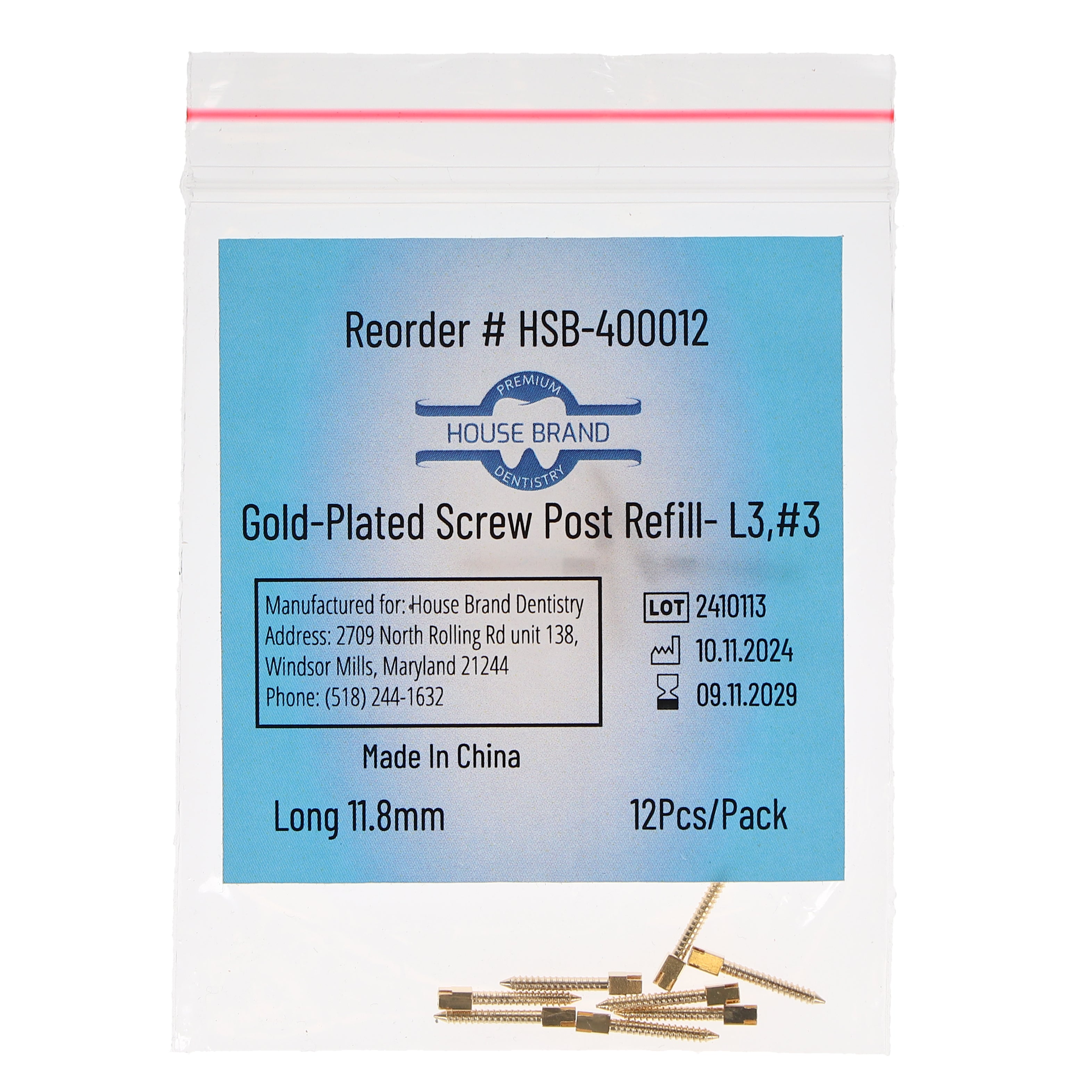 House Brand Dentistry 400012 HSB Gold Plated Screw Posts L3 #3 Long 11.8mm 12/Pk