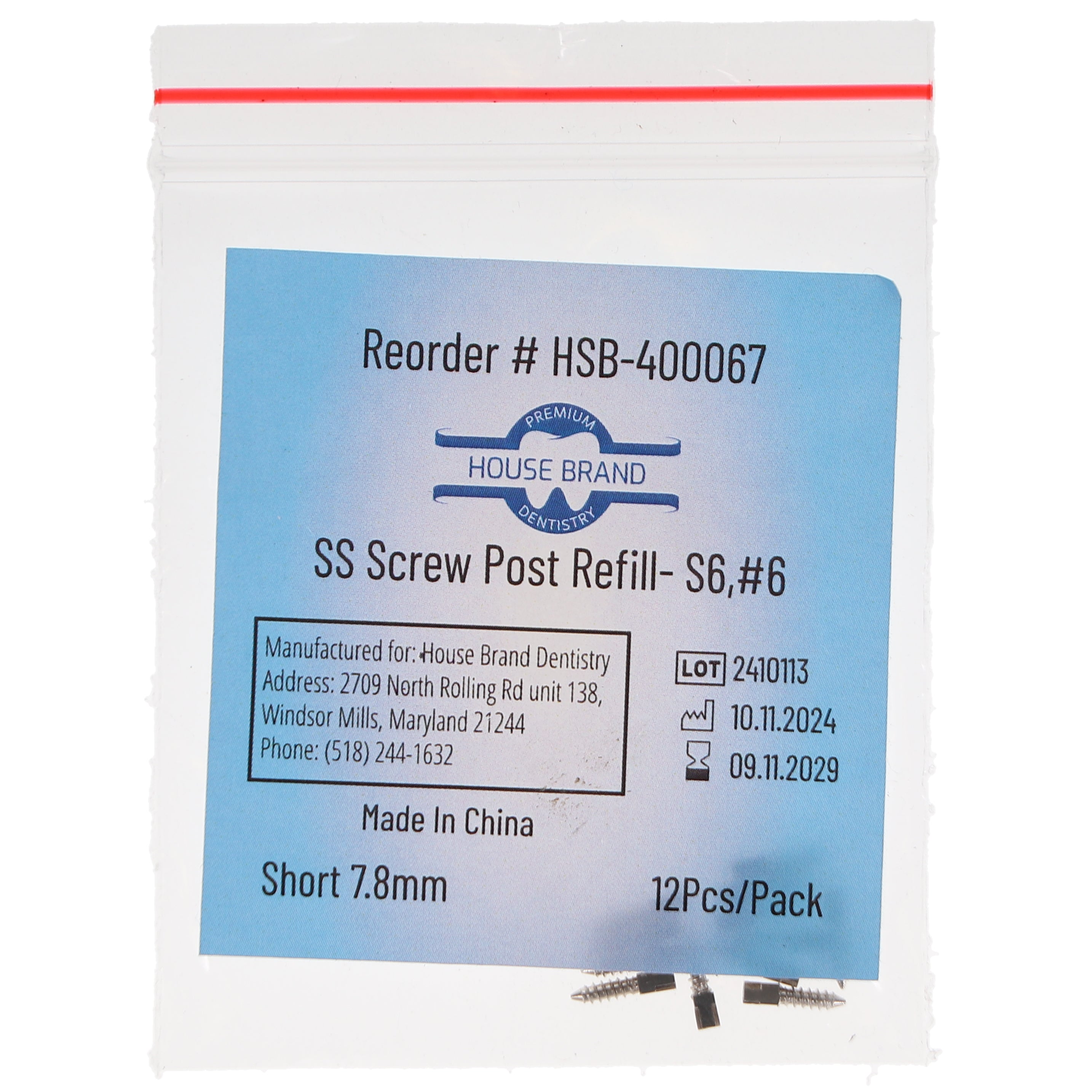 House Brand Dentistry 400067 HSB Screw Posts S6 #6 Short 7.8mm Stainless Steel 12/Pk