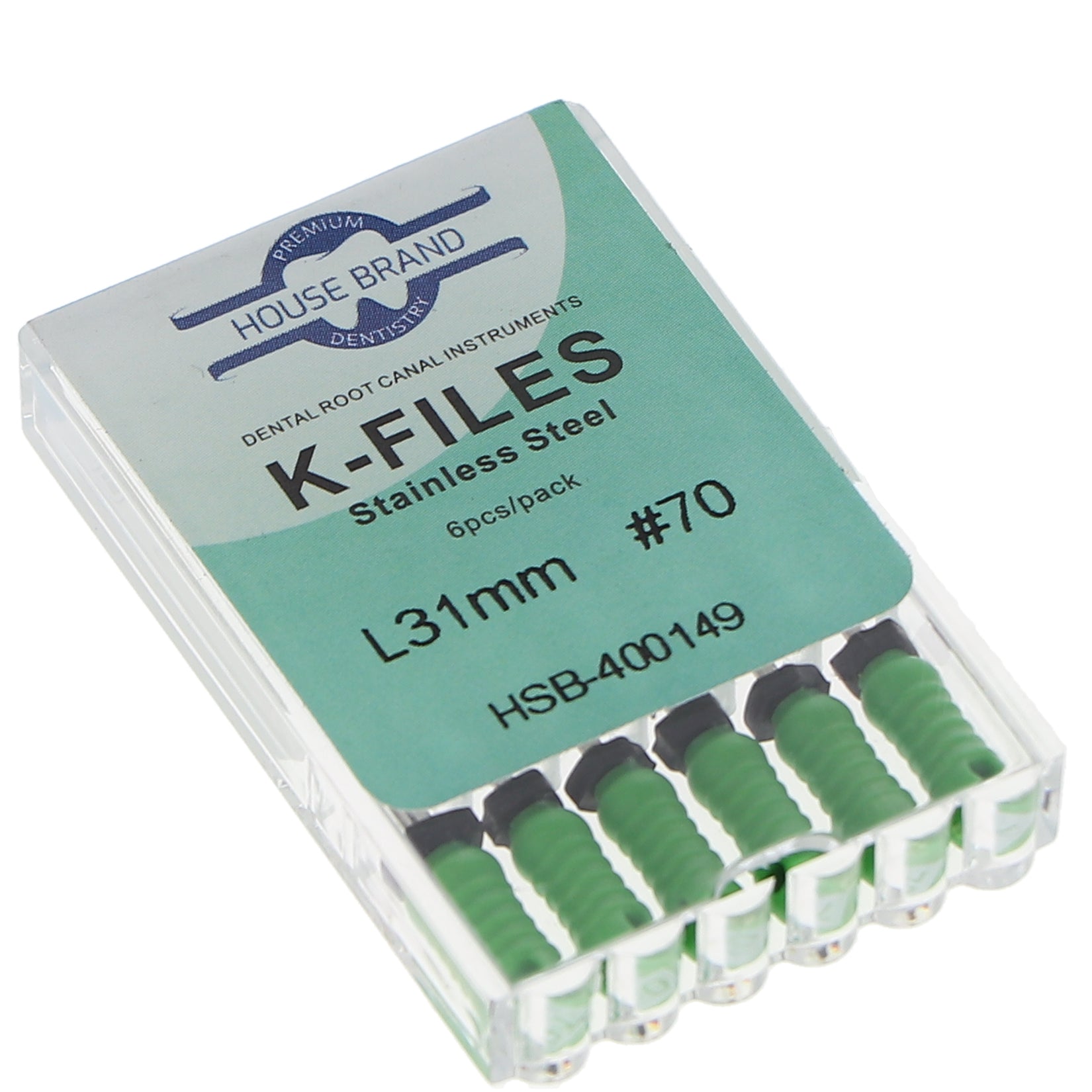 House Brand Dentistry 400149 HSB Endodontic K-Files 31mm #70 Green Stainless Steel 6/Pk