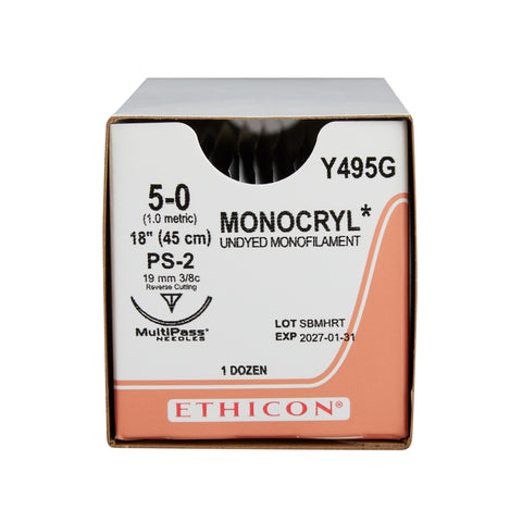 J&J Ethicon Y495G Monocryl Absorbable Sutures PS2 5/0 18'' 12/Bx