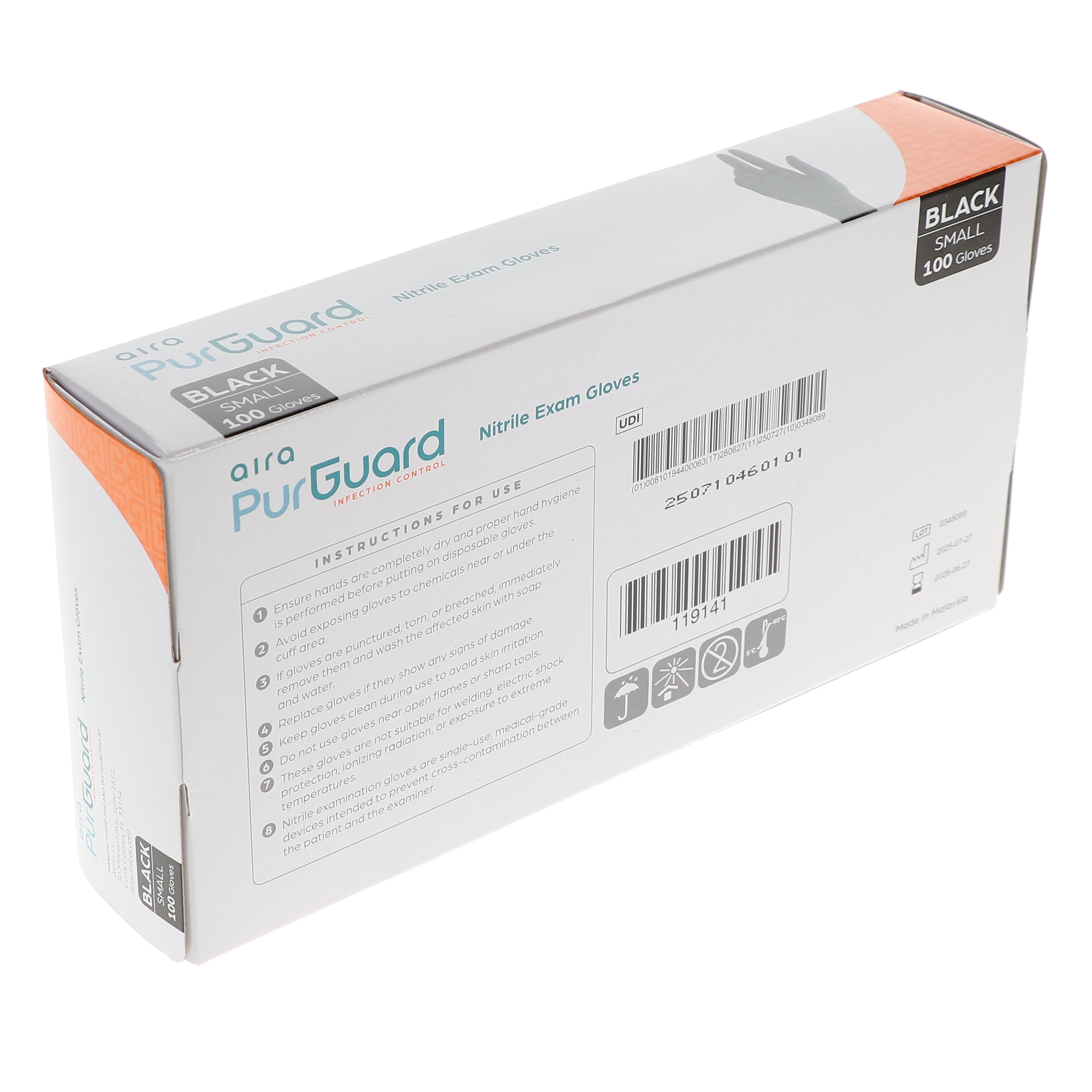 AIRA 119141 PurGuard Nitrile Exam Gloves Latex Free Powder Free Black Small 100/Bx