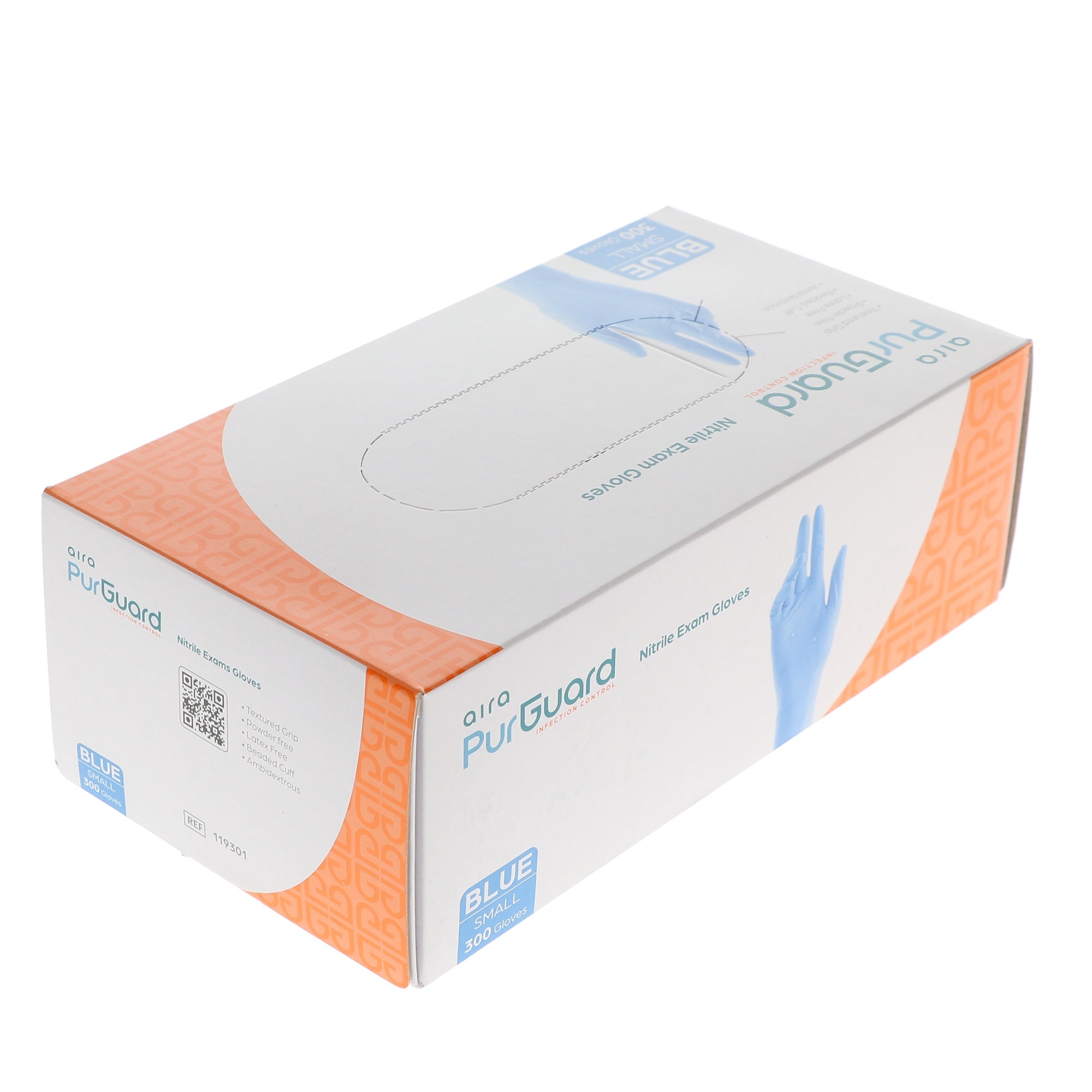 Aira 119301 PurGuard Nitrile Exam Gloves Blue Small Latex Free 300/Bx