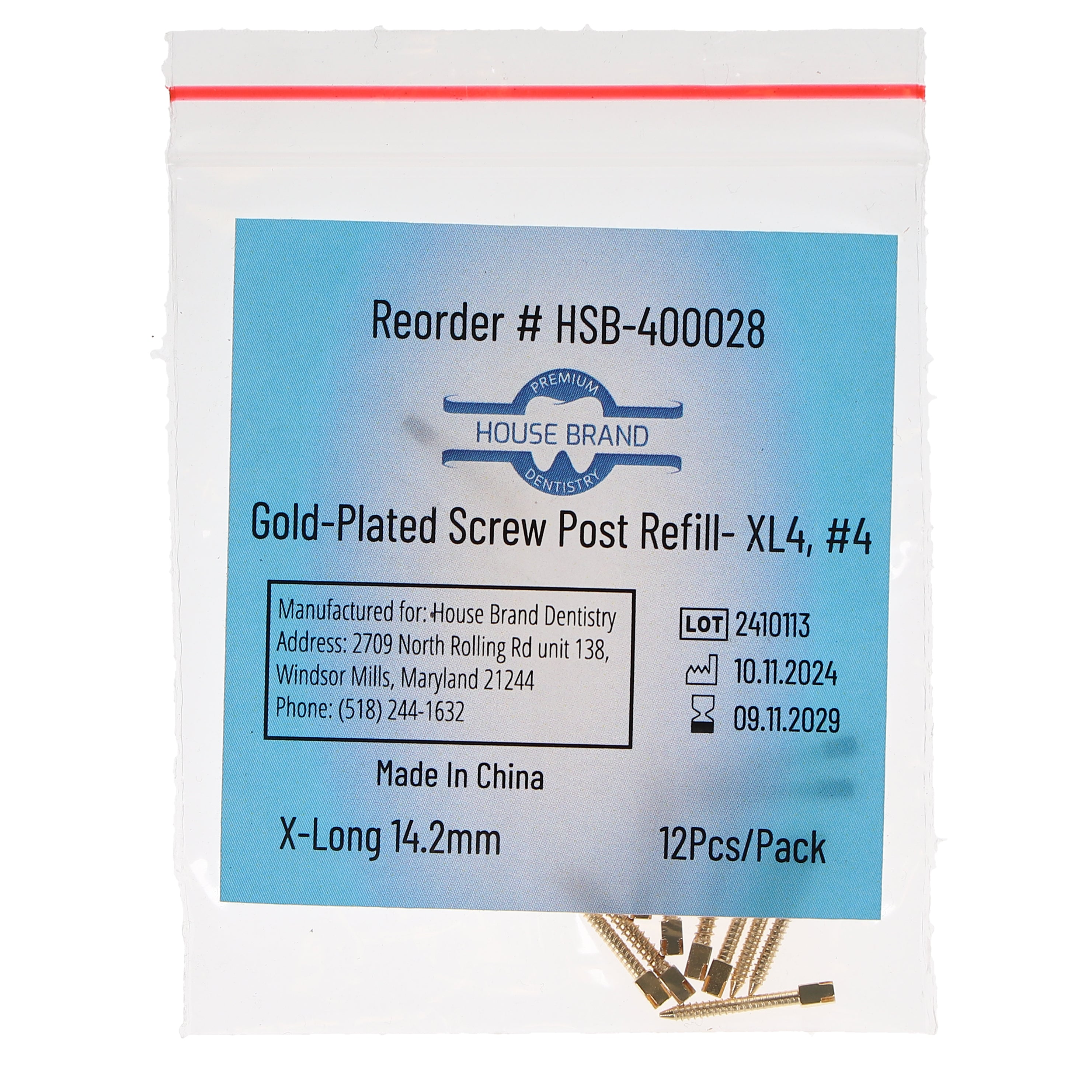 House Brand Dentistry 400028 HSB Gold Plated Screw Posts XL4 #4 X-Long 14.2mm 12/Pk