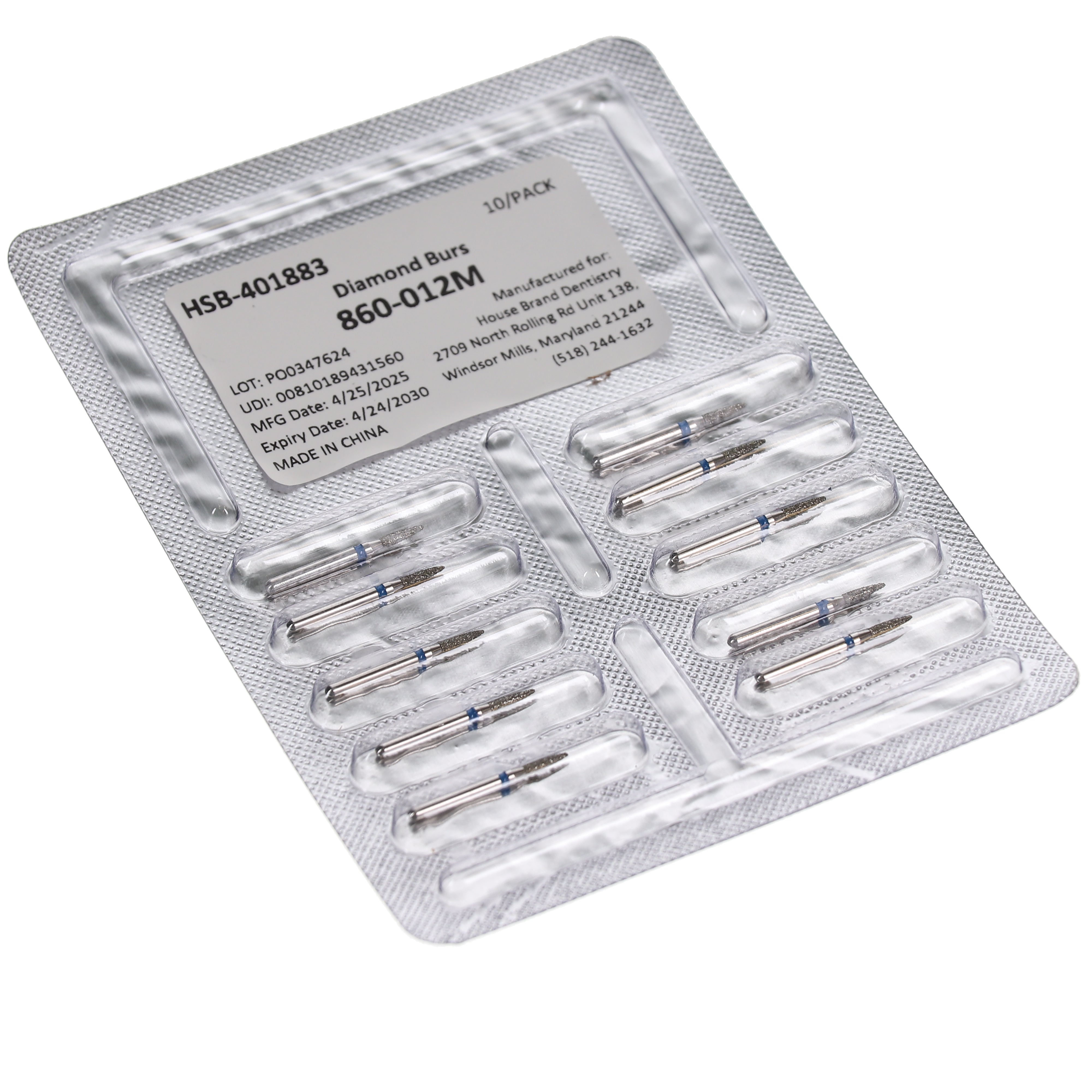 House Brand Dentistry 401883 HSB FG 860-012M Flame Medium Grit Diamond Burs 10/Pk