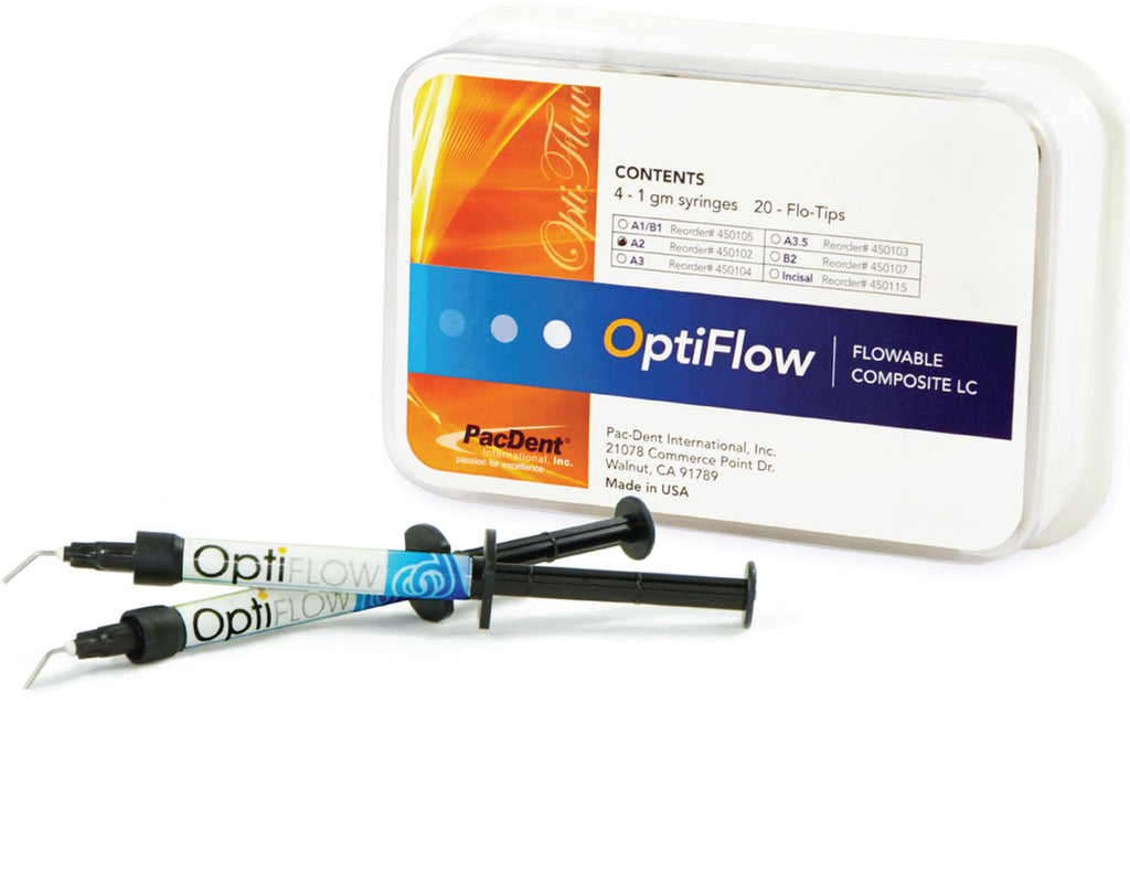 Pac-Dent 450102 OptiFlow Flowable Composites Shade A2 package of 4 x 1 gm syringes